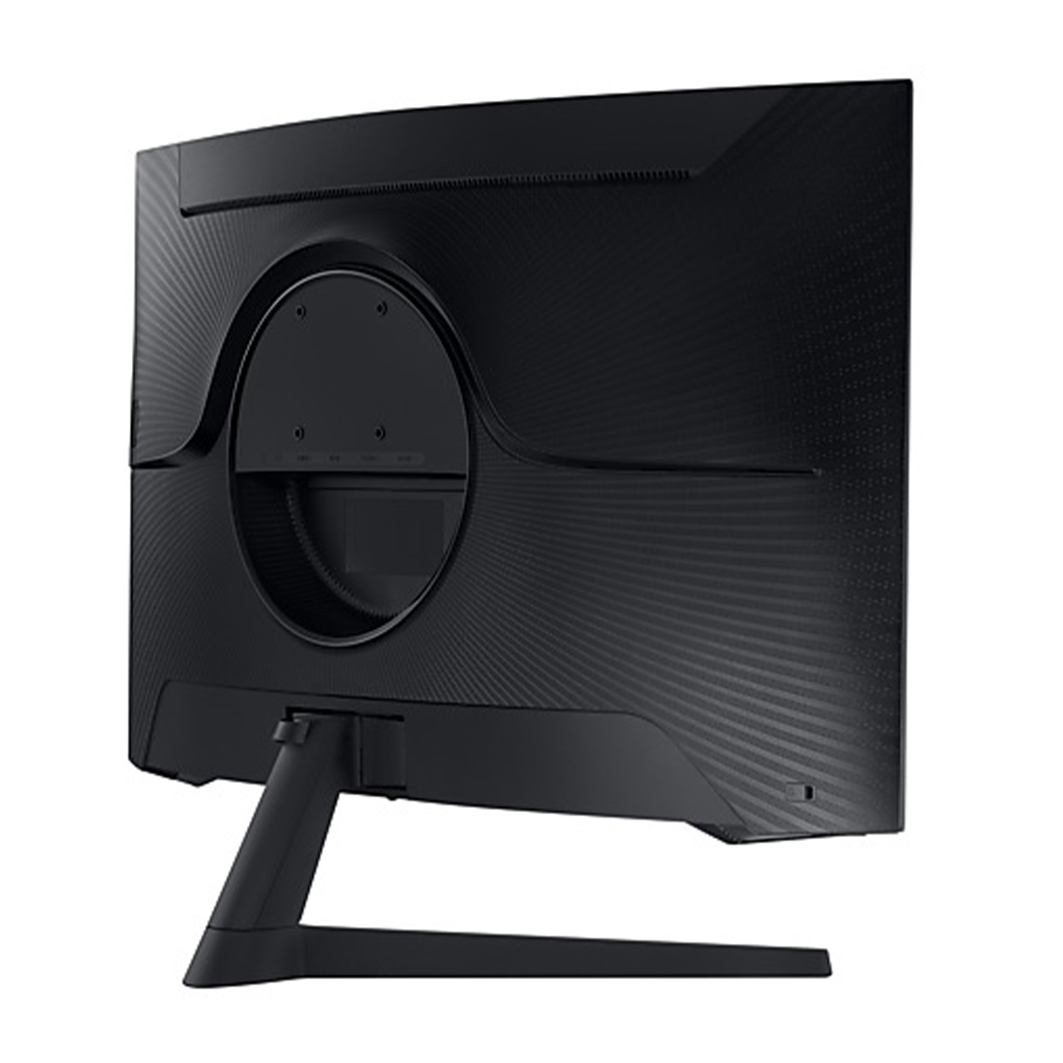 Vista posteriore di un monitor curvo nero con supporto. Il retro ha un'incavatura circolare.
