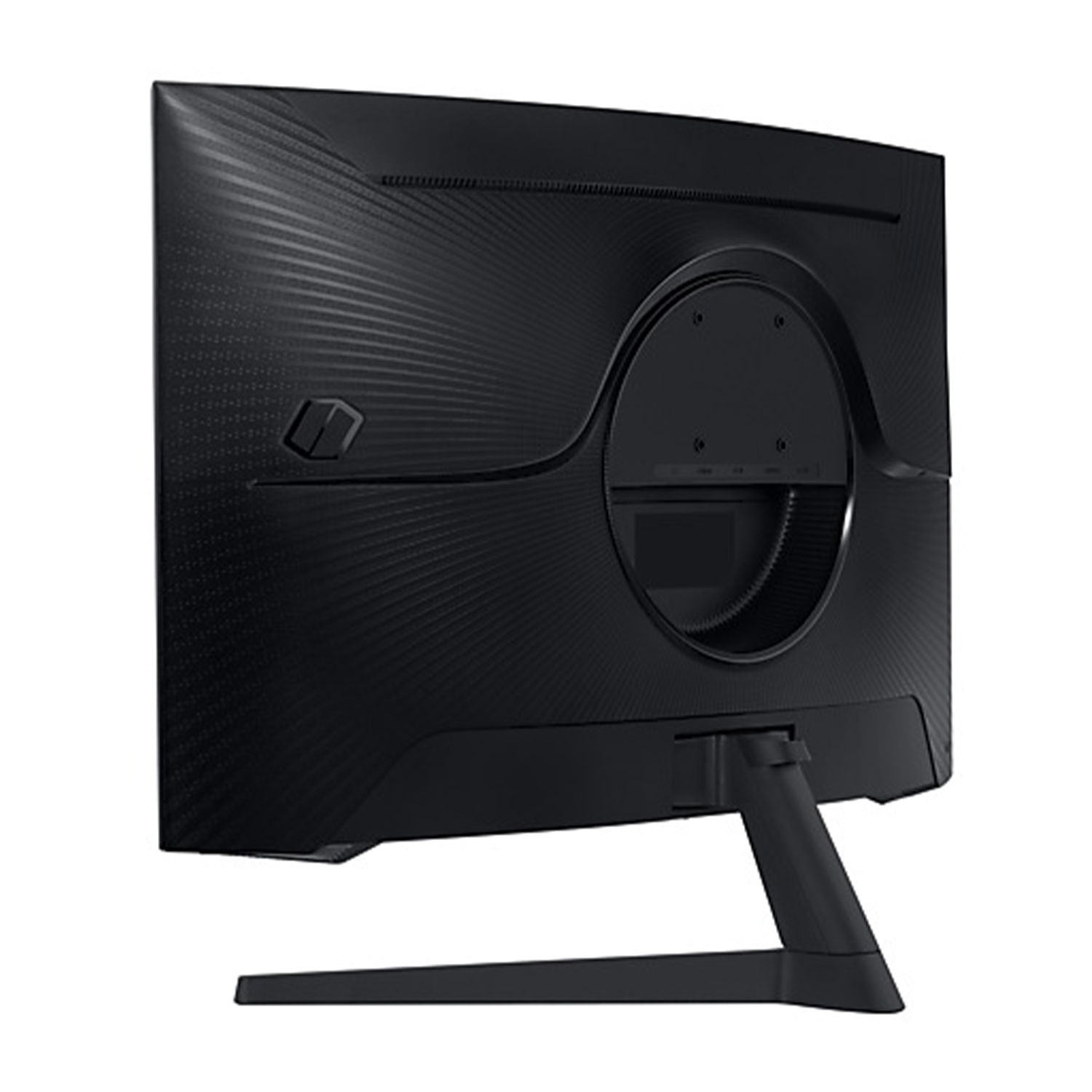 Vista posteriore di un monitor nero, che mostra il pannello posteriore con le porte e un supporto.