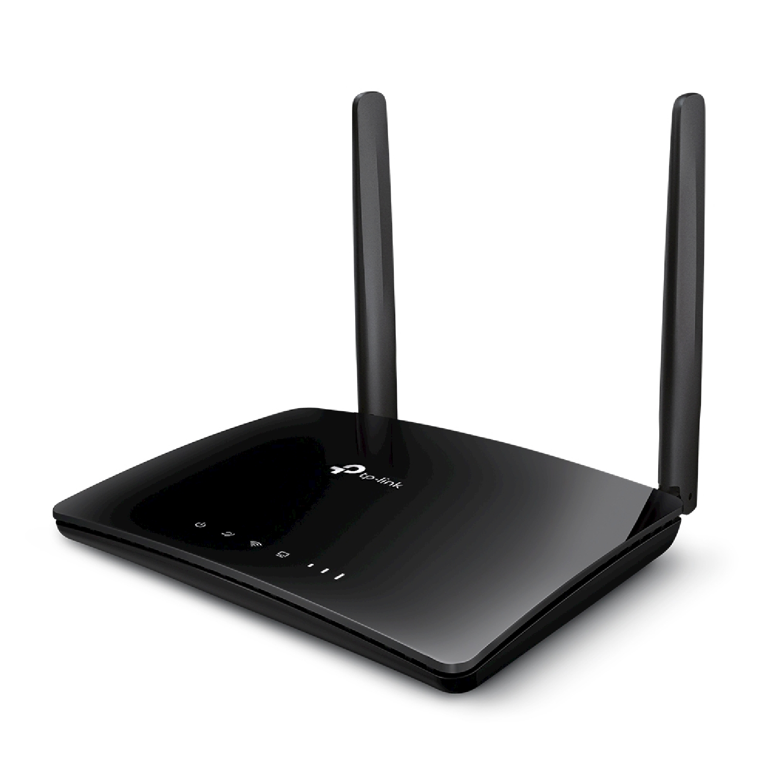 Un router nero con due antenne in piedi.