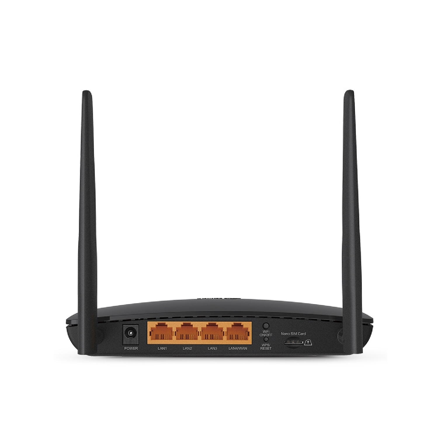 Un router nero con due antenne e porte. Il router ha porte di alimentazione e LAN.