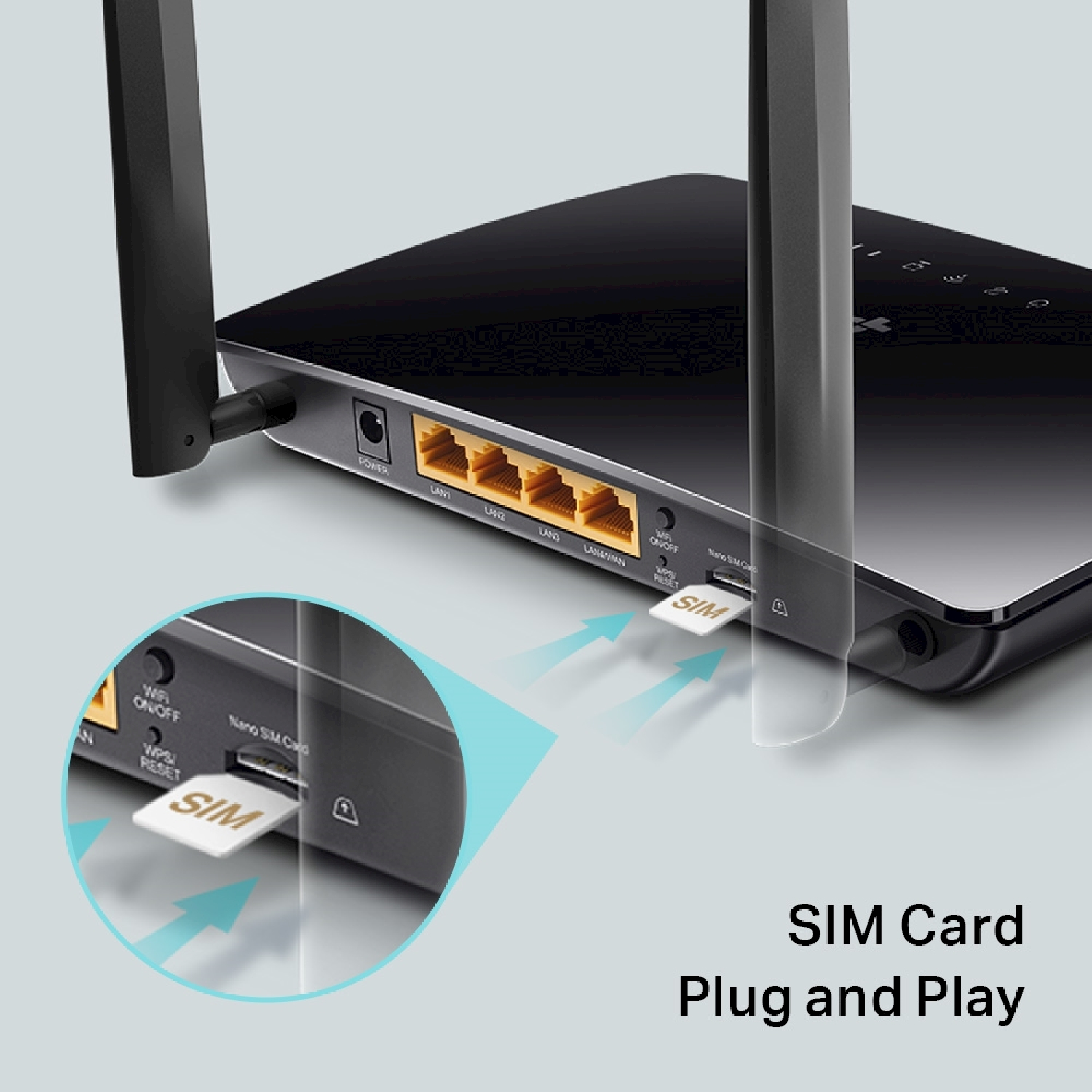Router nero con antenne e slot SIM. Scheda SIM inserita. Porte gialle visibili.