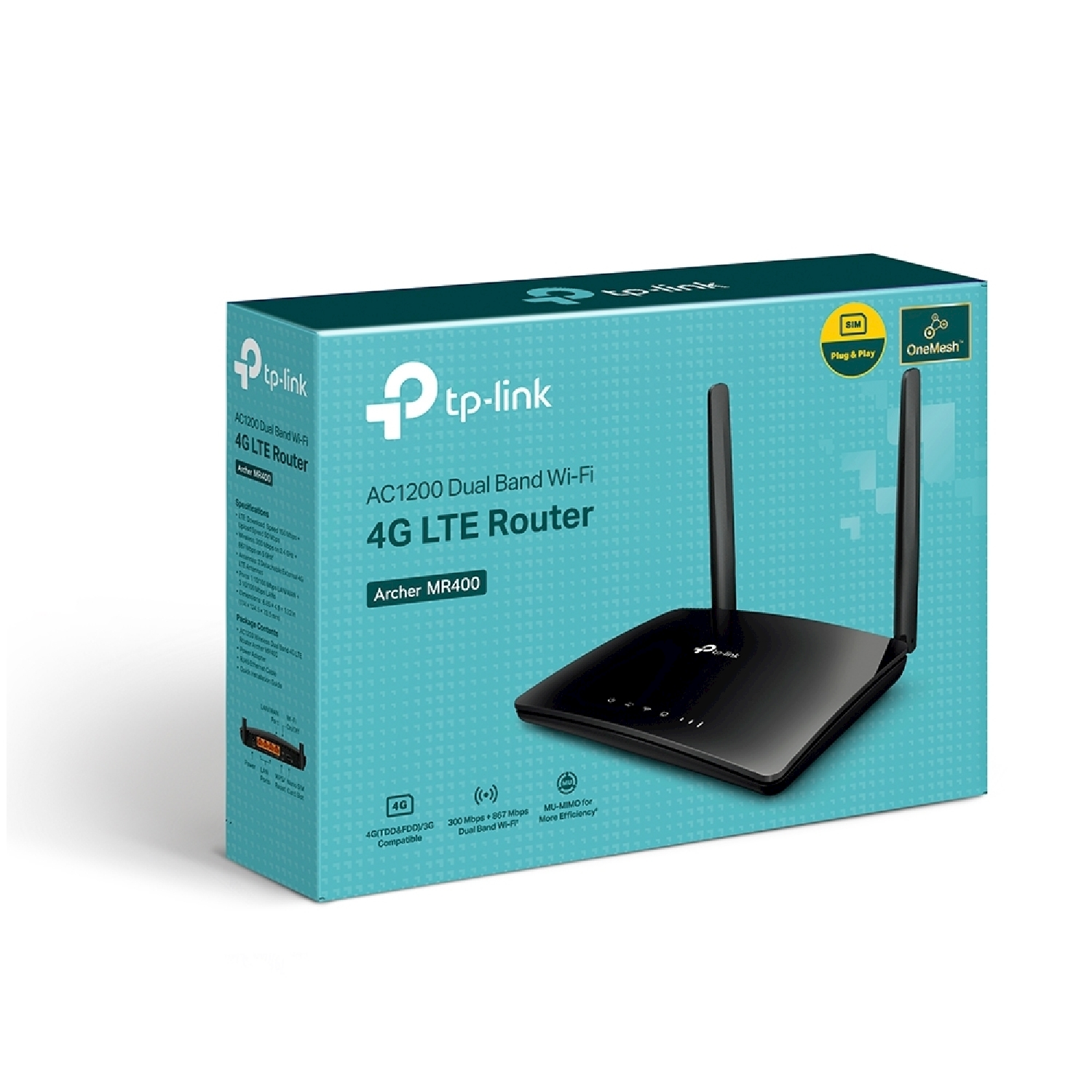 Router con antenne e scatola. Scatola blu con testo e router nero. Sfondo bianco.