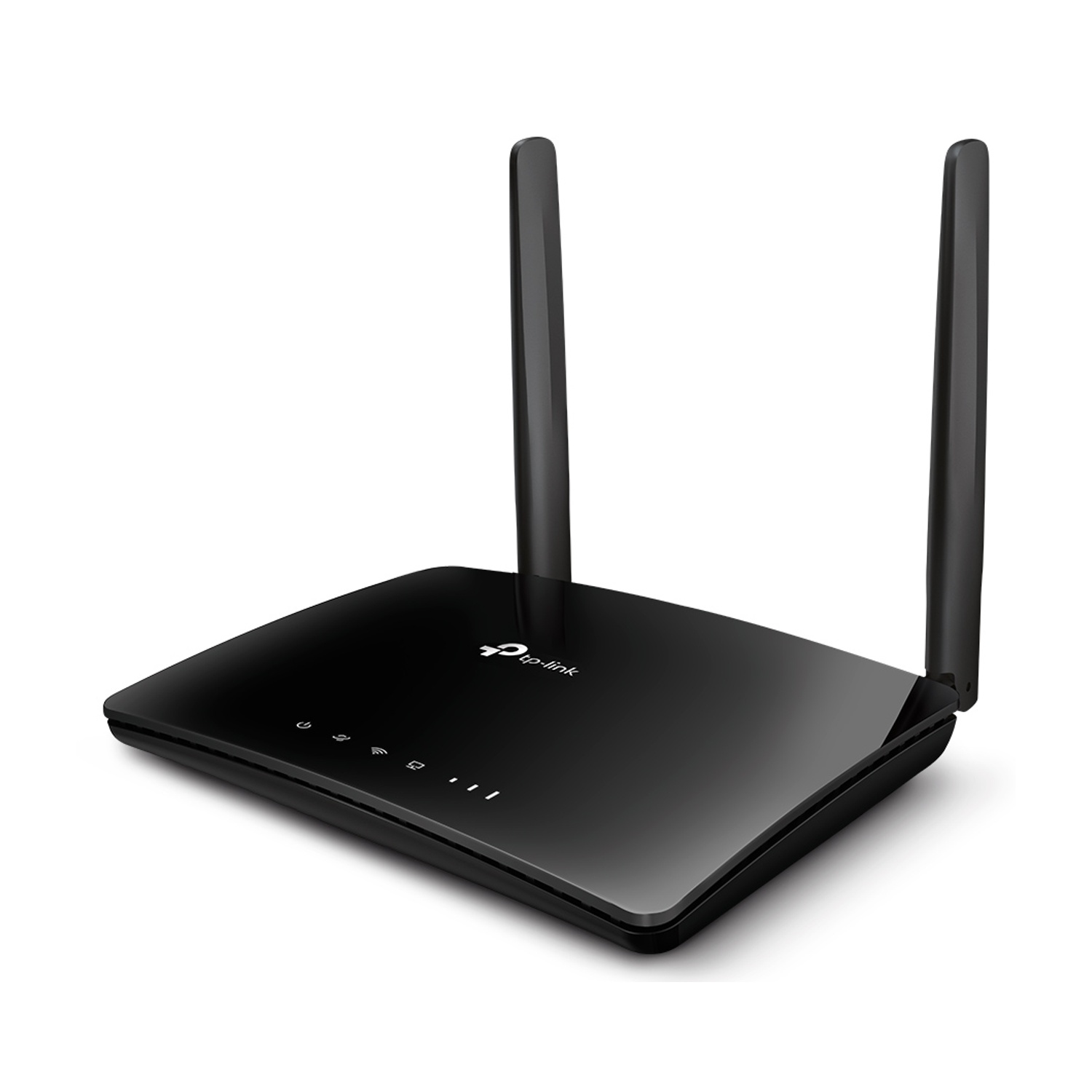 Router TP-Link nero con due antenne, angolato, su sfondo bianco.