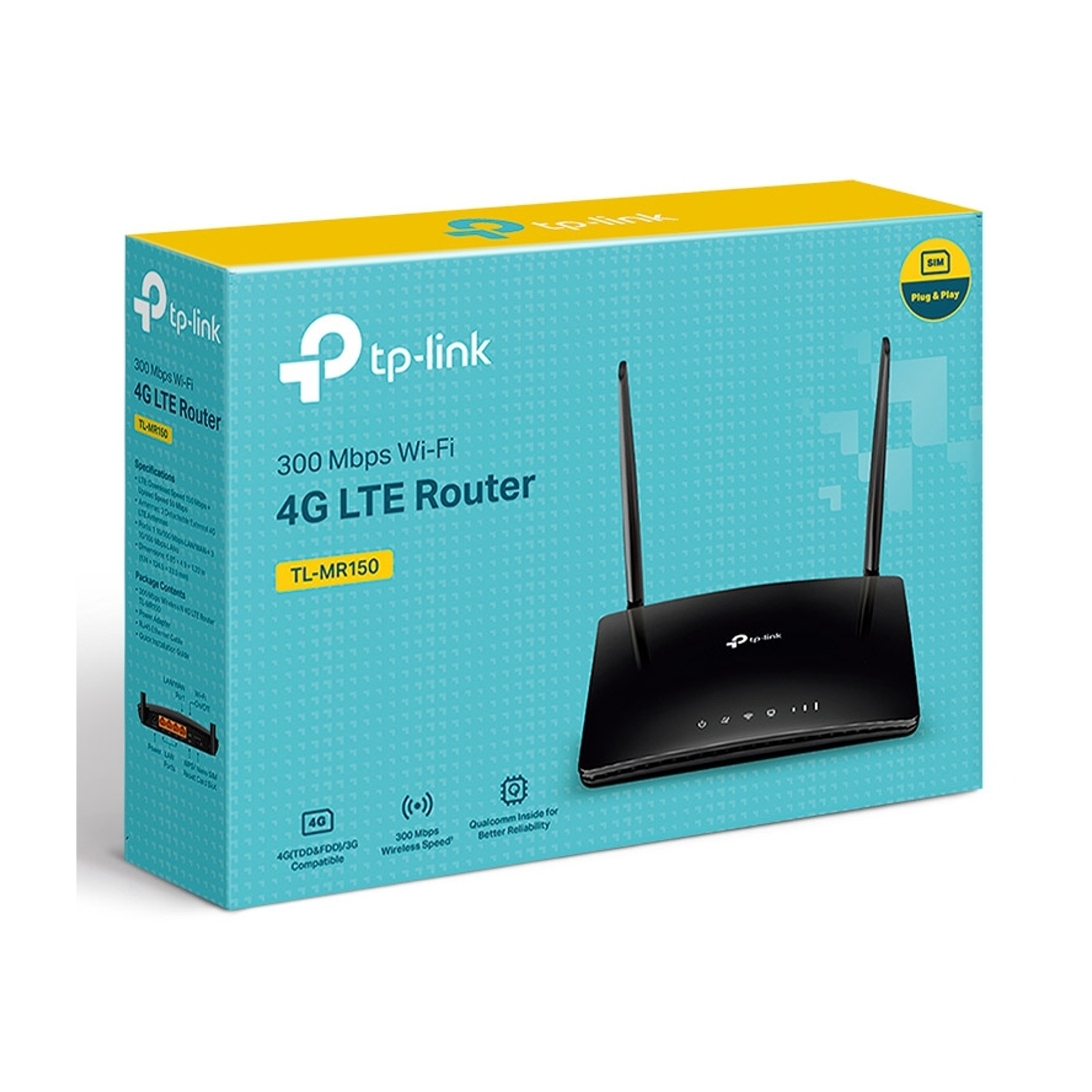 Un router tp-link nero in una scatola con un design blu e bianco. Il router ha antenne.