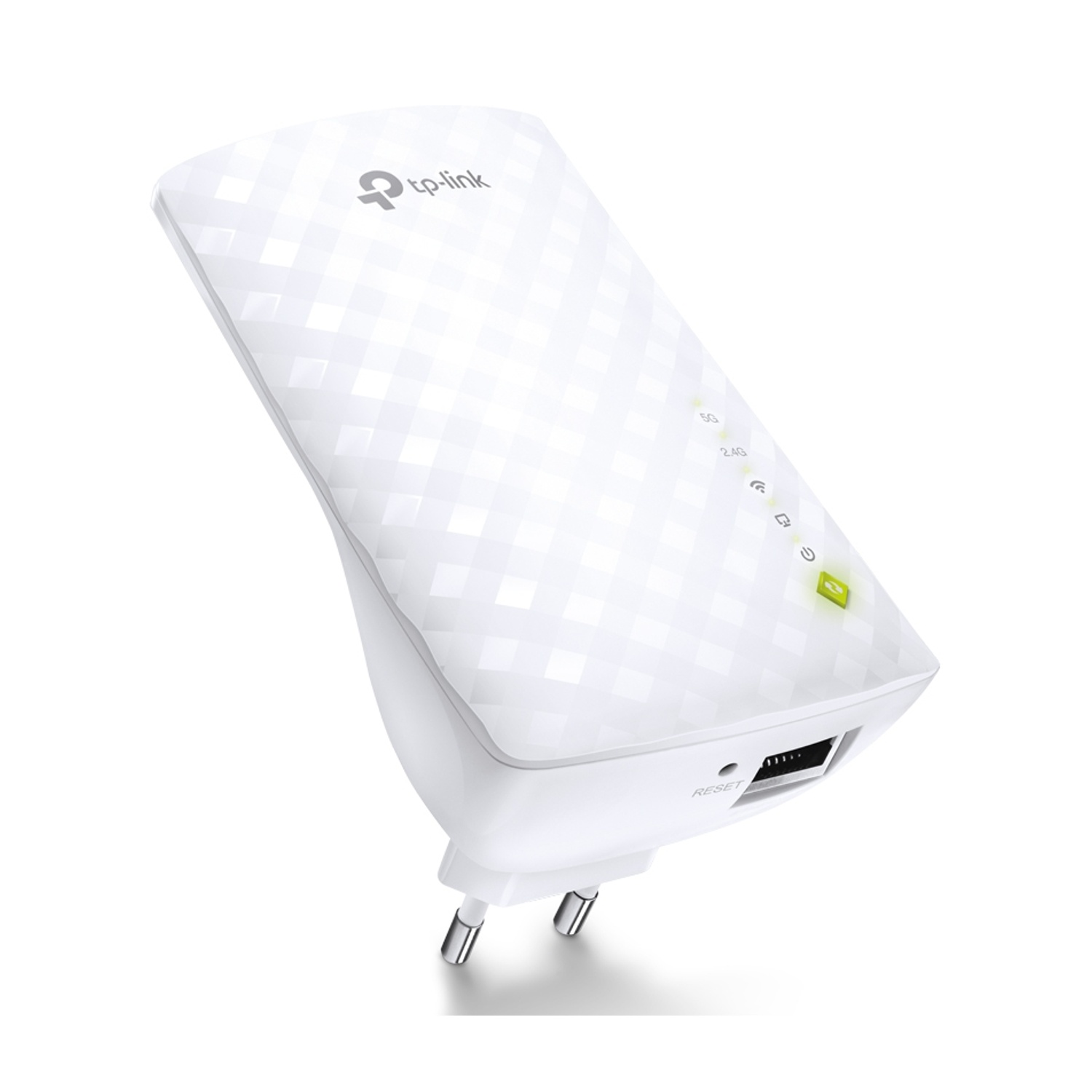 Ripetitore Wi-Fi TP-Link bianco con 2 antenne, spia verde e porta USB.