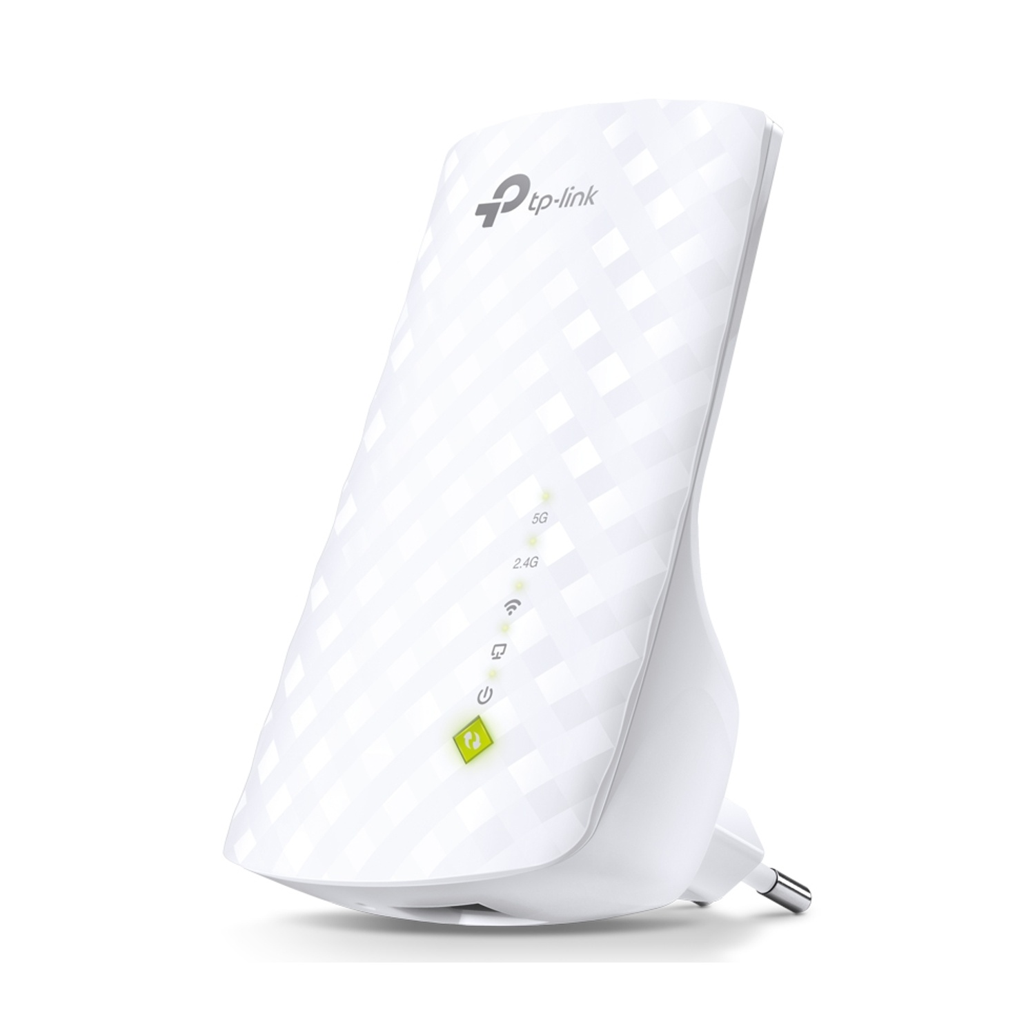 Ripetitore WiFi TP-Link bianco. Ha spie luminose, una spina e un design elegante.