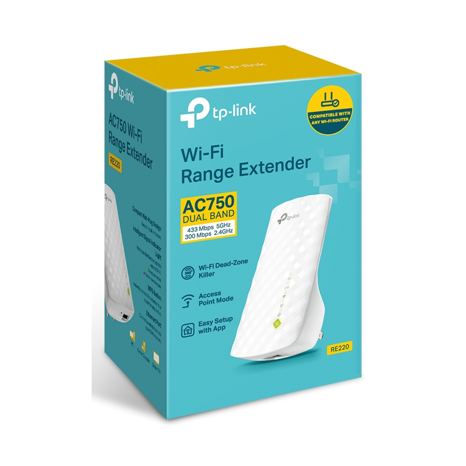 Una scatola di extender di portata Wi-Fi tp-link è su una superficie bianca. La scatola è blu e gialla. Il dispositivo è bianco.