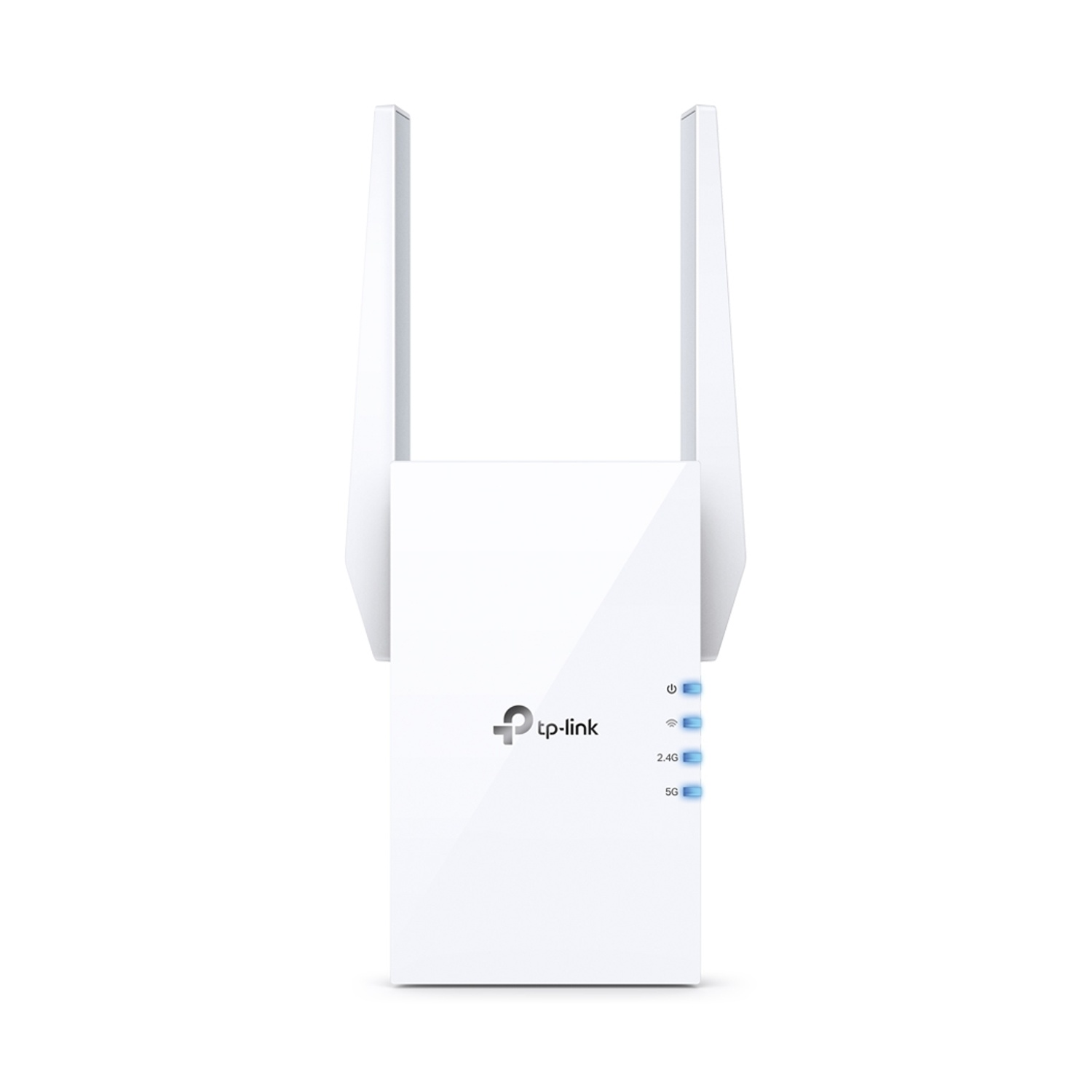 Ripetitore wifi tp-link bianco con due antenne e tre spie blu.