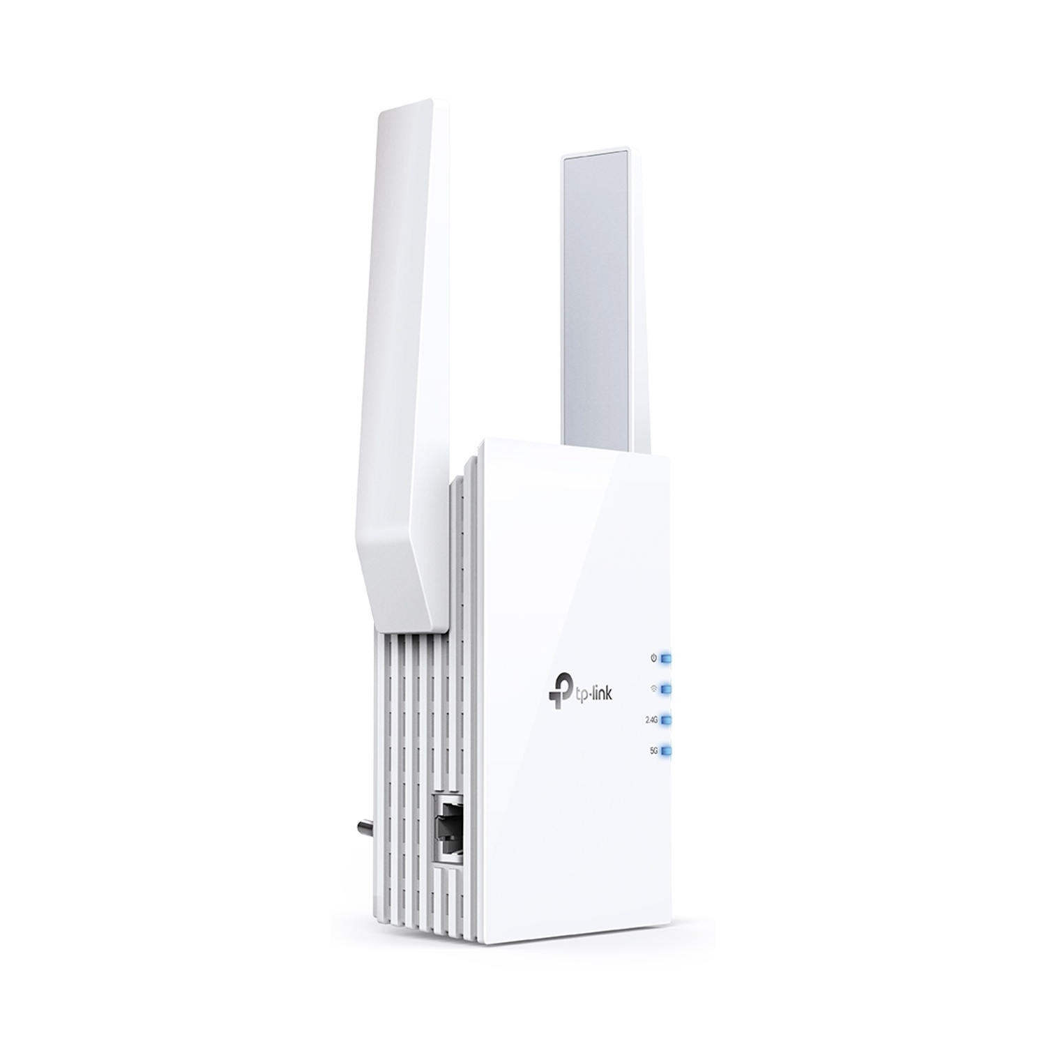 Extender TP-Link bianco con due antenne e luci blu. Ha una porta Ethernet.