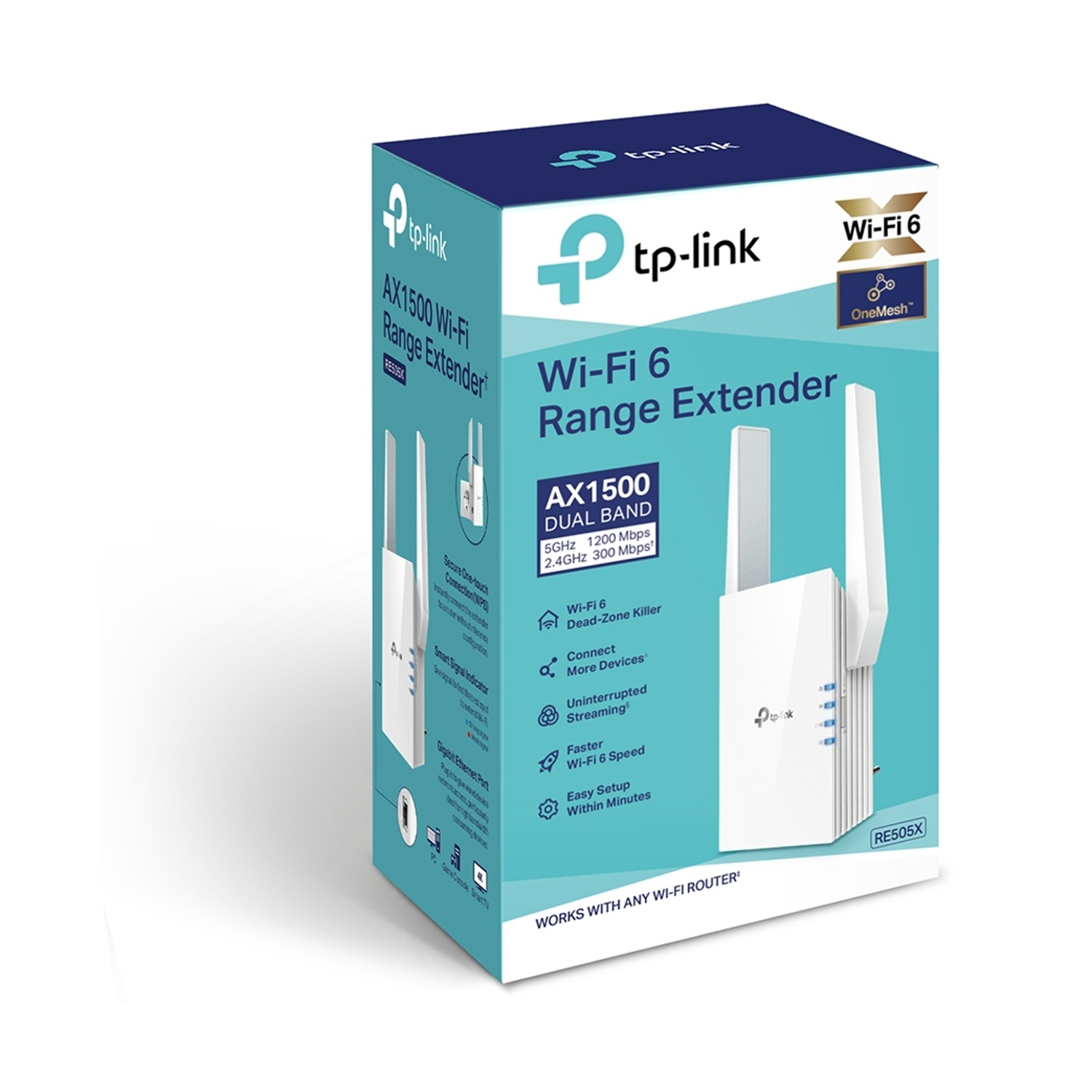 Una scatola bianca di tp-link Wi-Fi range extender con informazioni e immagini del prodotto.