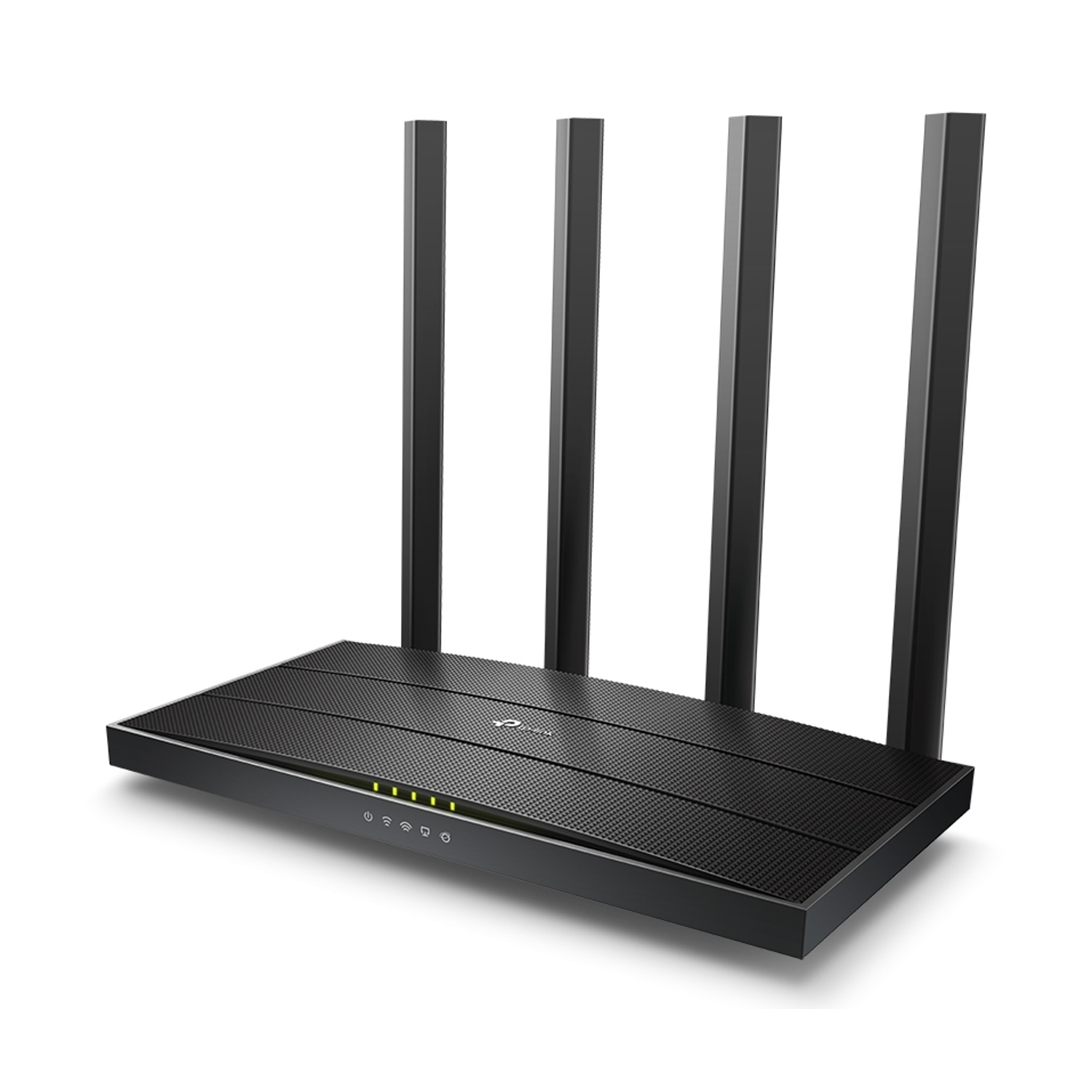 Un router TP-Link nero con quattro antenne su sfondo bianco.