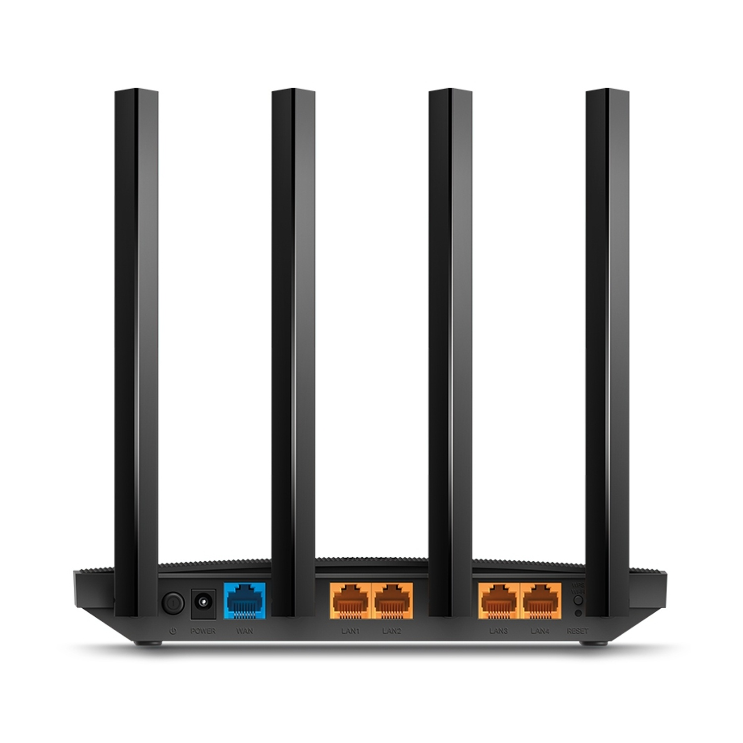 Retro di un router nero con porte, antenne e indicatori LED.