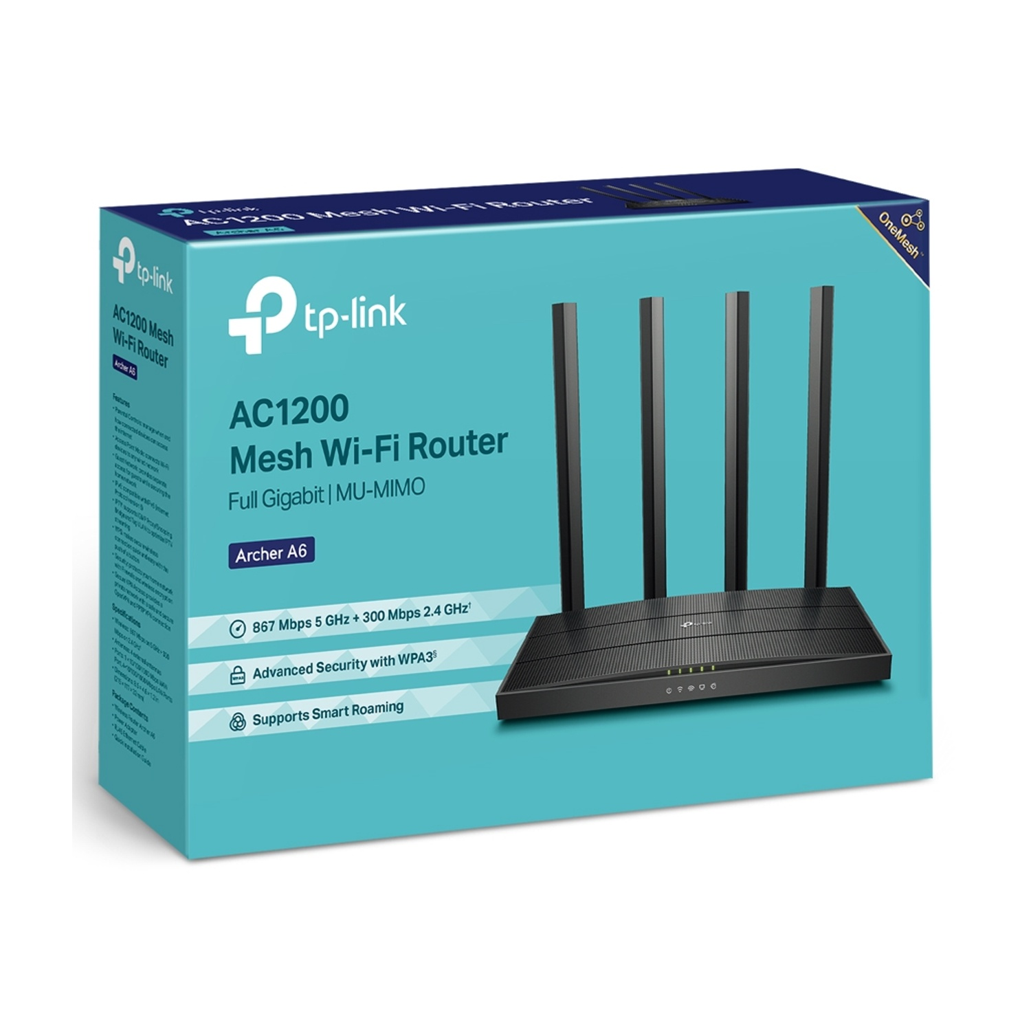 Scatola del router Wi-Fi Mesh TP-Link AC1200. Sfondo bianco, scatola turchese.