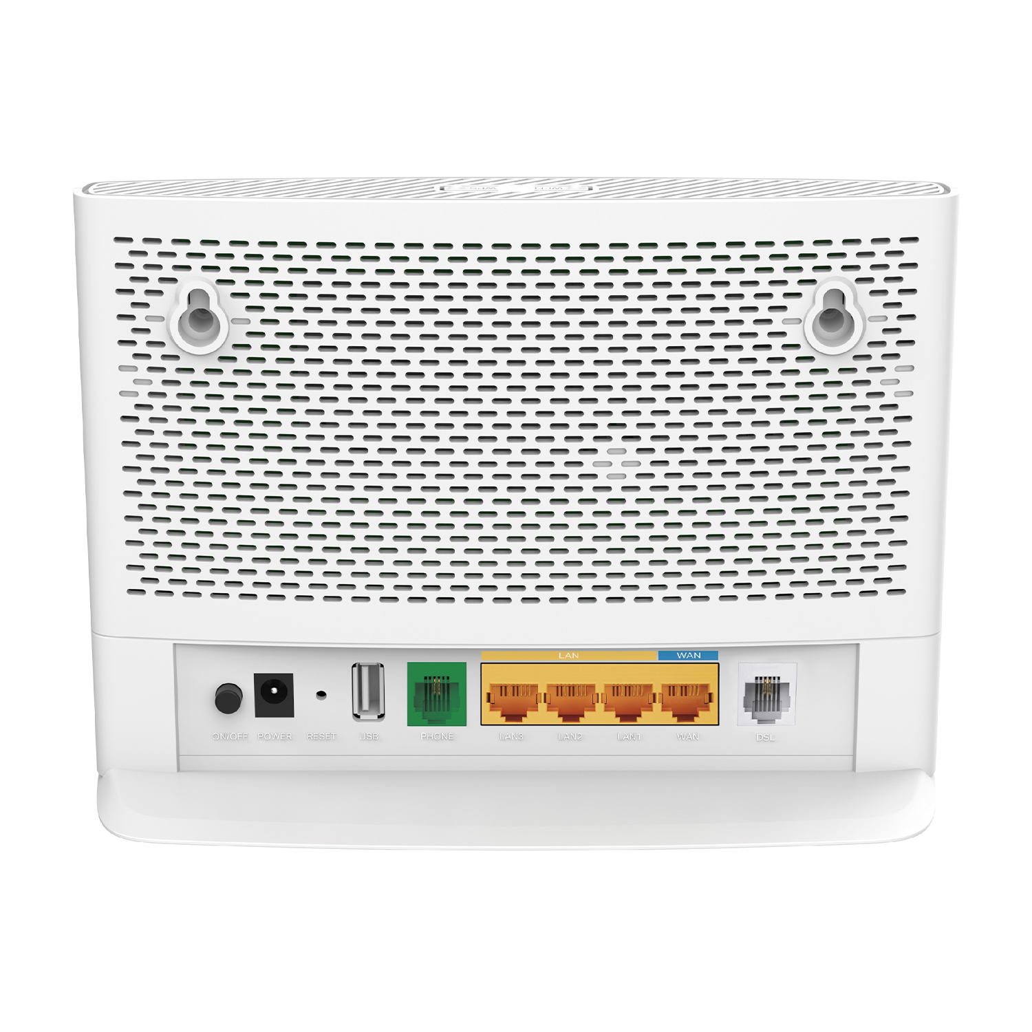 Vista posteriore di un router bianco con porte e pulsanti.