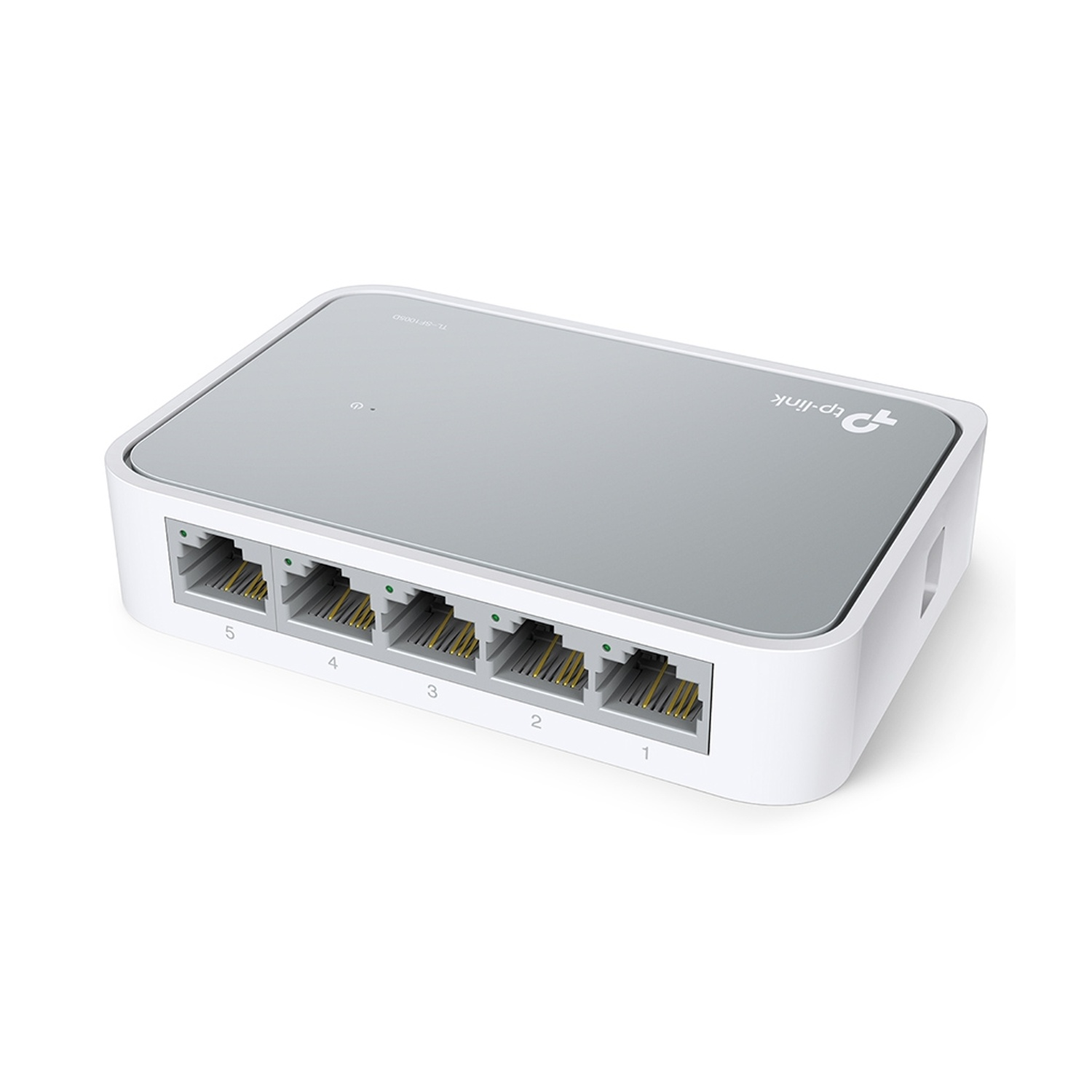 Uno switch di rete TP-Link bianco con cinque porte Ethernet.