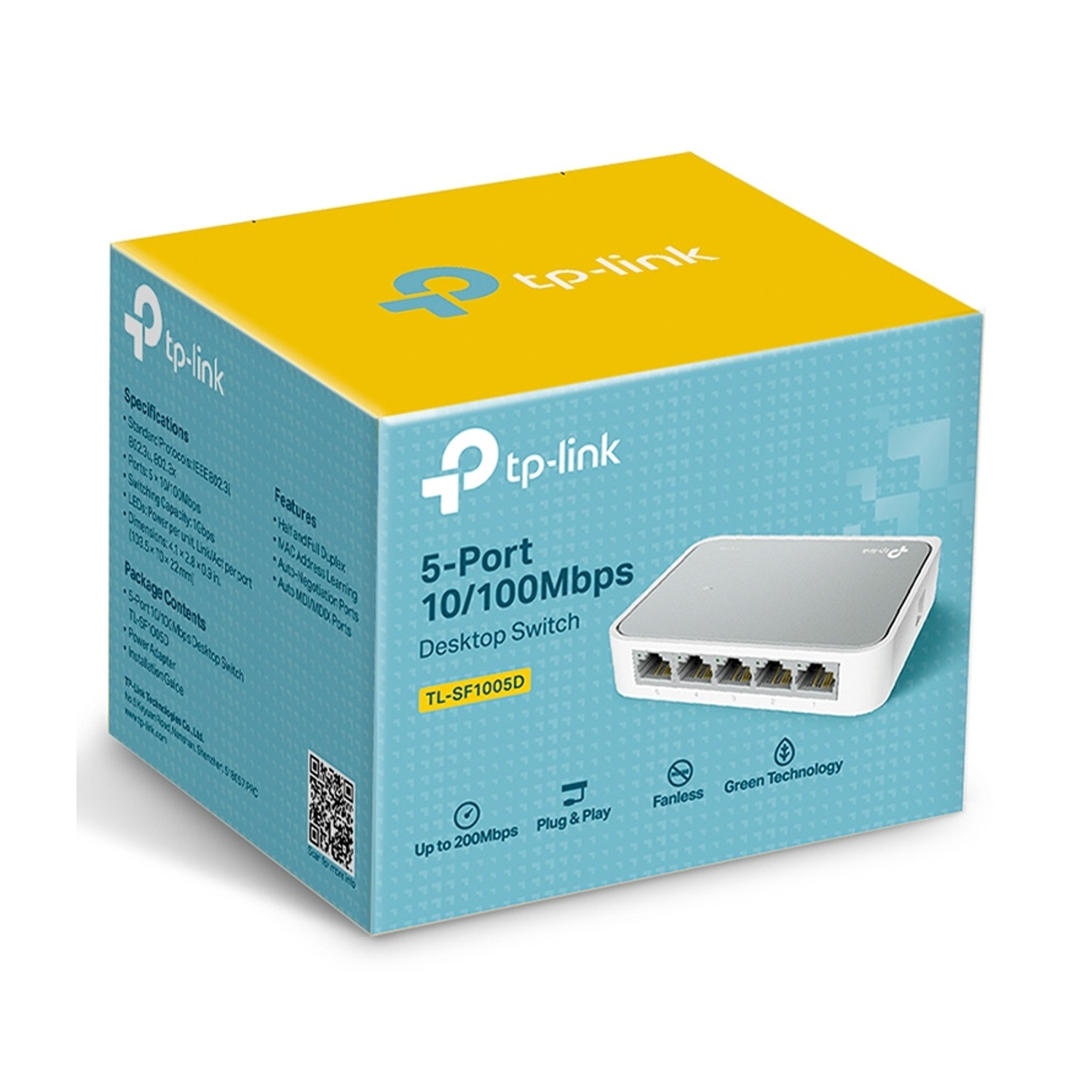 Scatola bianca e gialla di uno switch desktop TP-Link a 5 porte, con caratteristiche e specifiche.