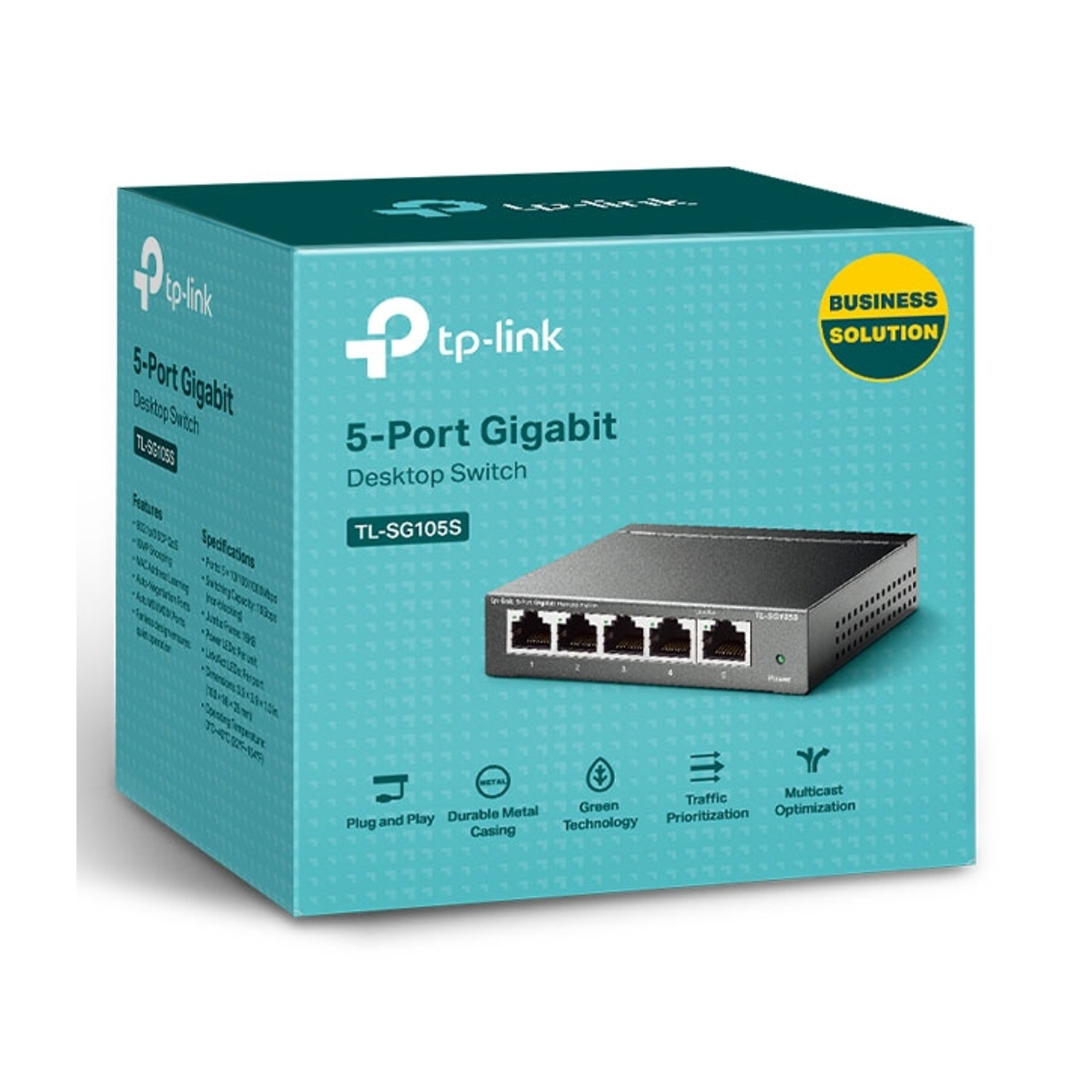 Scatola per uno switch desktop Gigabit a 5 porte. Mostra lo switch e le sue funzioni.