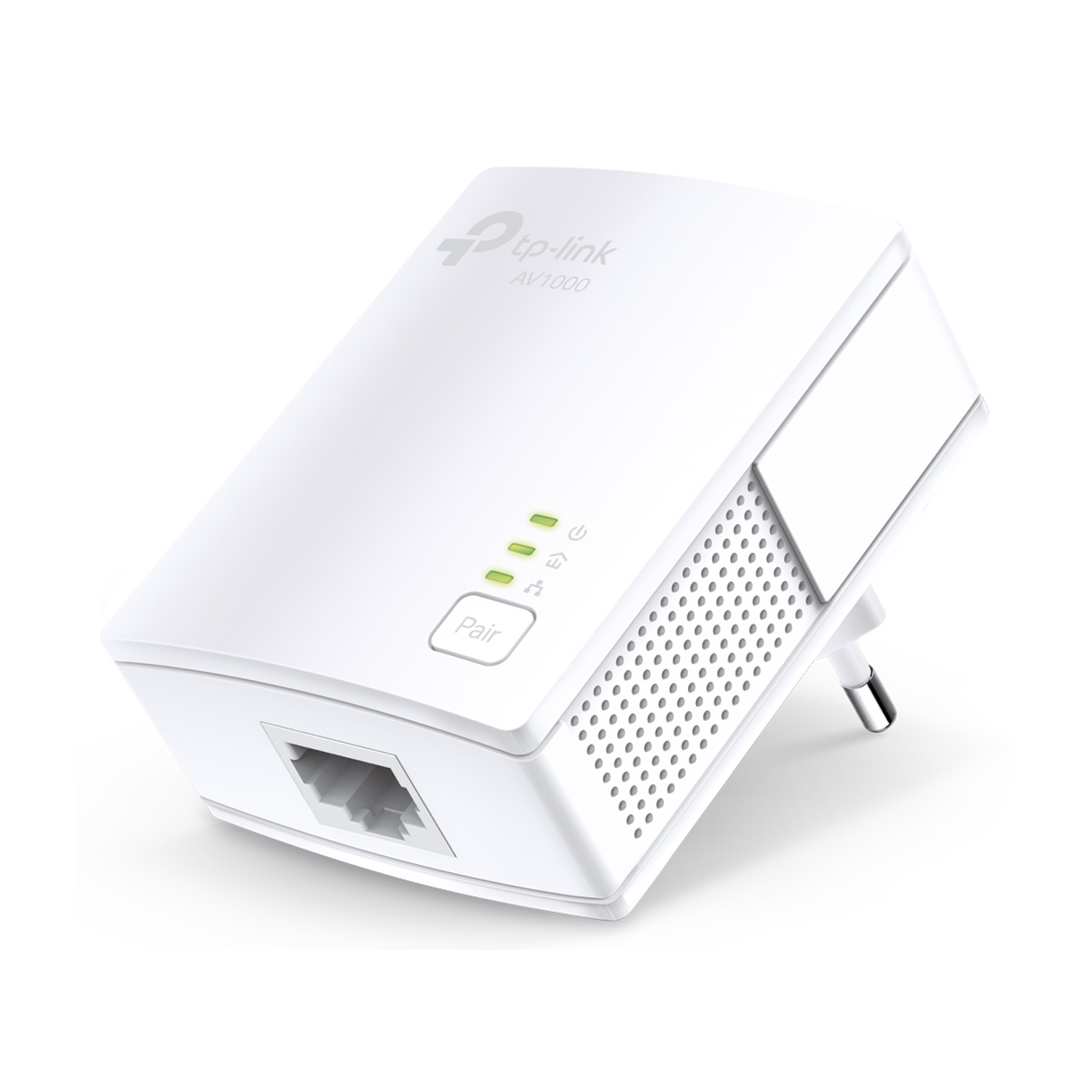Adattatore powerline TP-Link AV1000 bianco. Dispone di porte e spie per alimentazione, connessione e trasferimento dati.