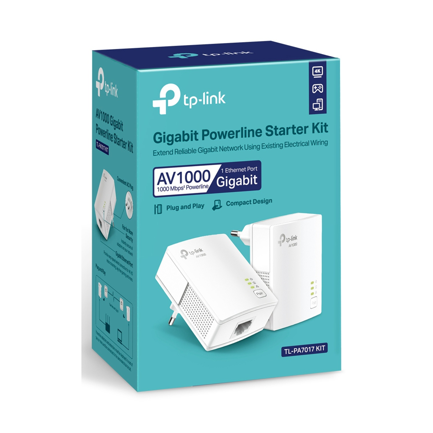 Una scatola del kit di avviamento Powerline Gigabit TP-Link, con due adattatori Powerline visibili.