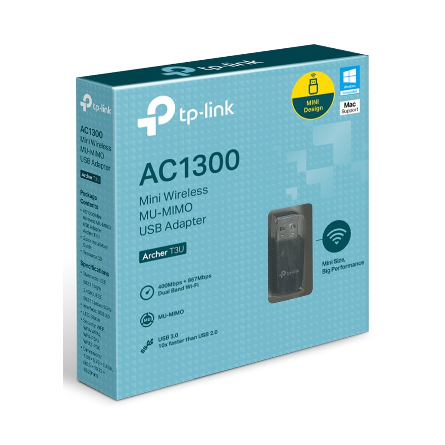 Un piccolo adattatore USB nero in scatola con il marchio TP-Link.