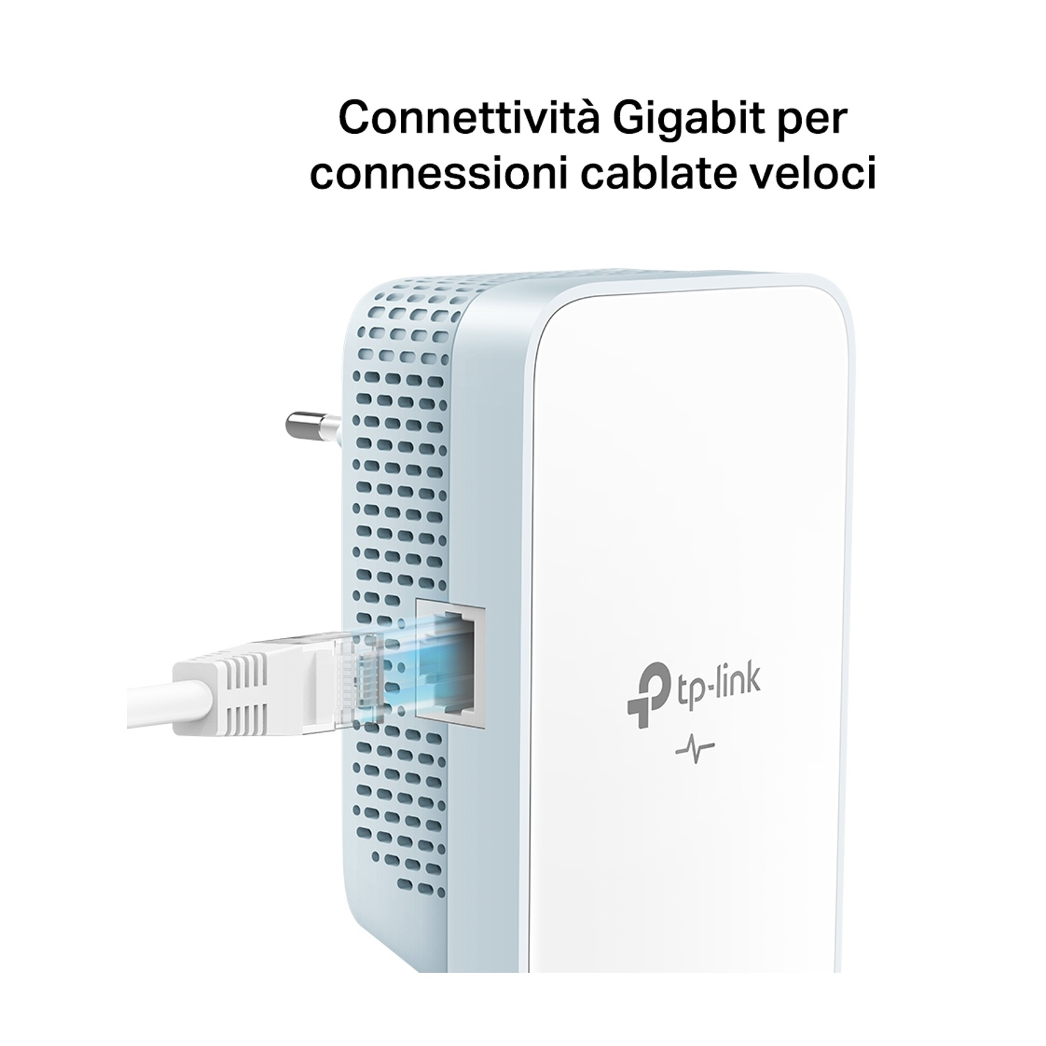 Un dispositivo TP-Link bianco e azzurro con un cavo Ethernet collegato, su sfondo bianco.