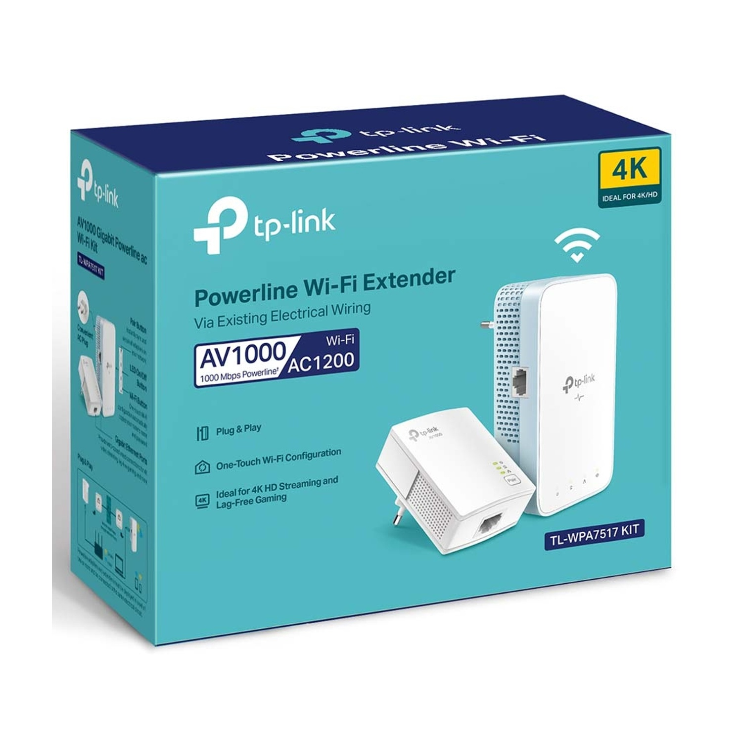 Una scatola bianca e blu con un extender wi-fi Powerline e i suoi accessori. Mostra wifi e grafica 4K.