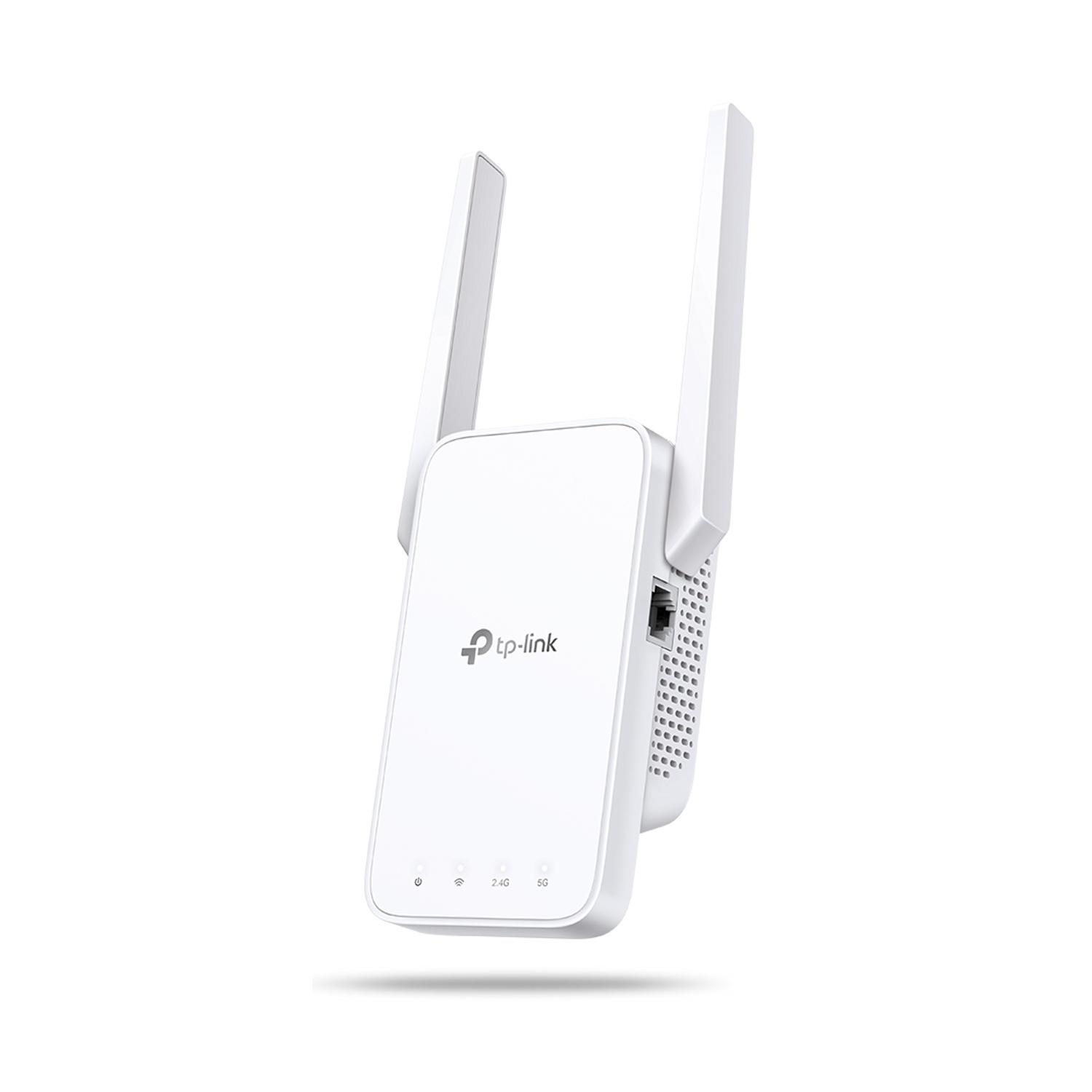 Extender wifi TP-Link bianco con due antenne. Vista angolata, sfondo bianco.