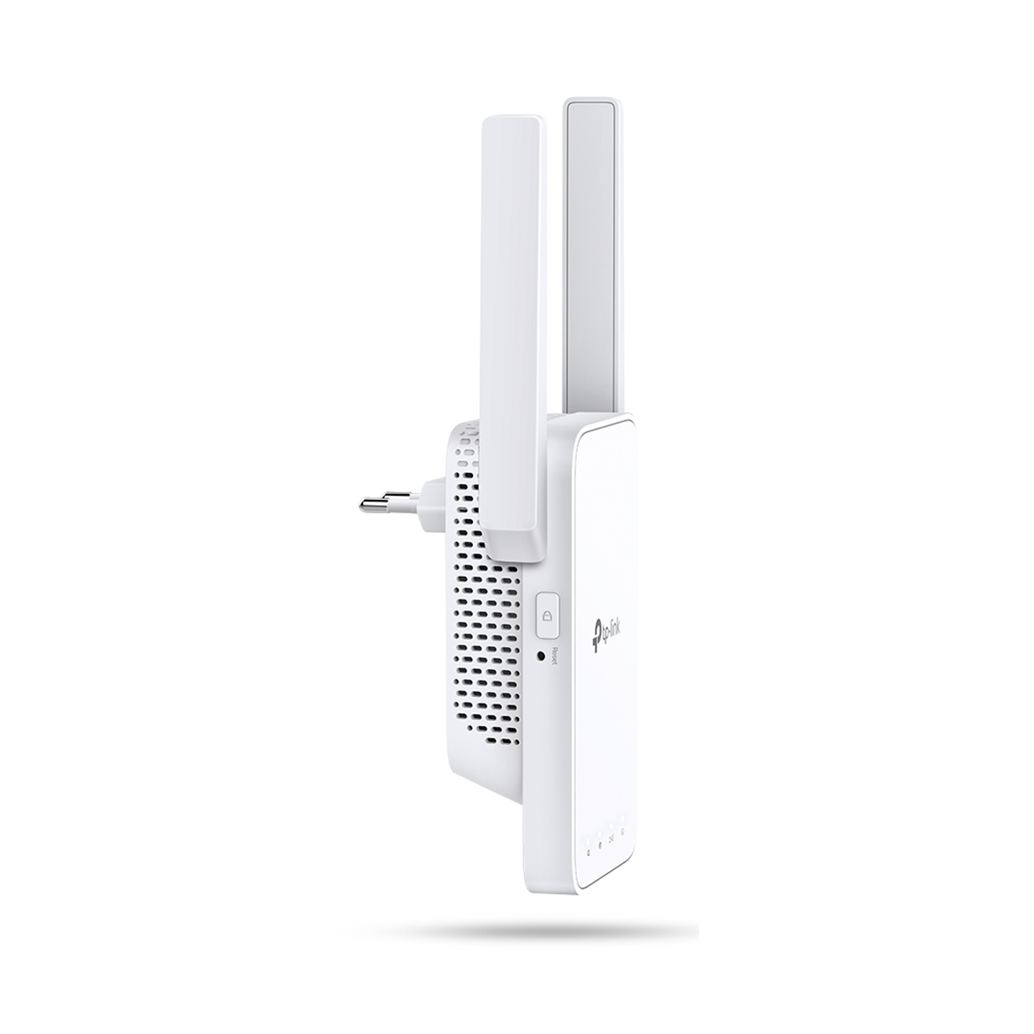 Un extender Wi-Fi TP-Link bianco con due antenne.