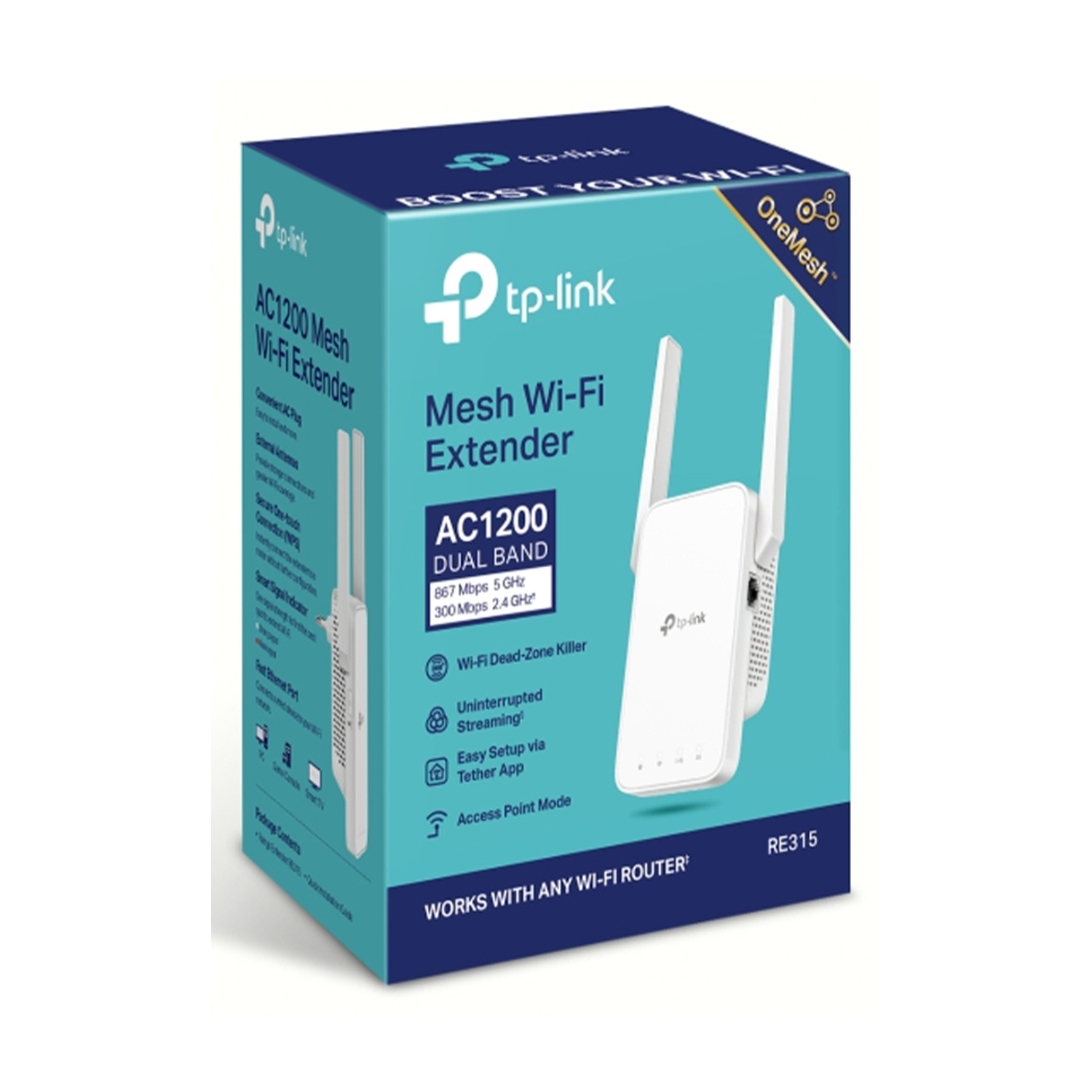 Una scatola TP-Link Mesh Wi-Fi Extender blu e bianca, con il dispositivo e le sue caratteristiche.