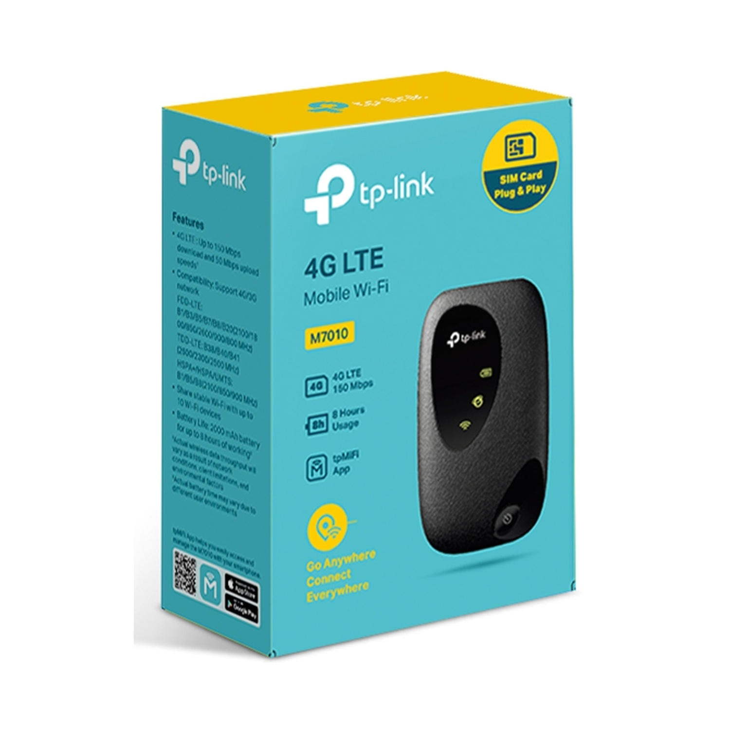 Viene mostrata una scatola TP-Link 4G LTE Mobile Wi-Fi. La scatola è bianca e blu con un dispositivo nero all'interno.