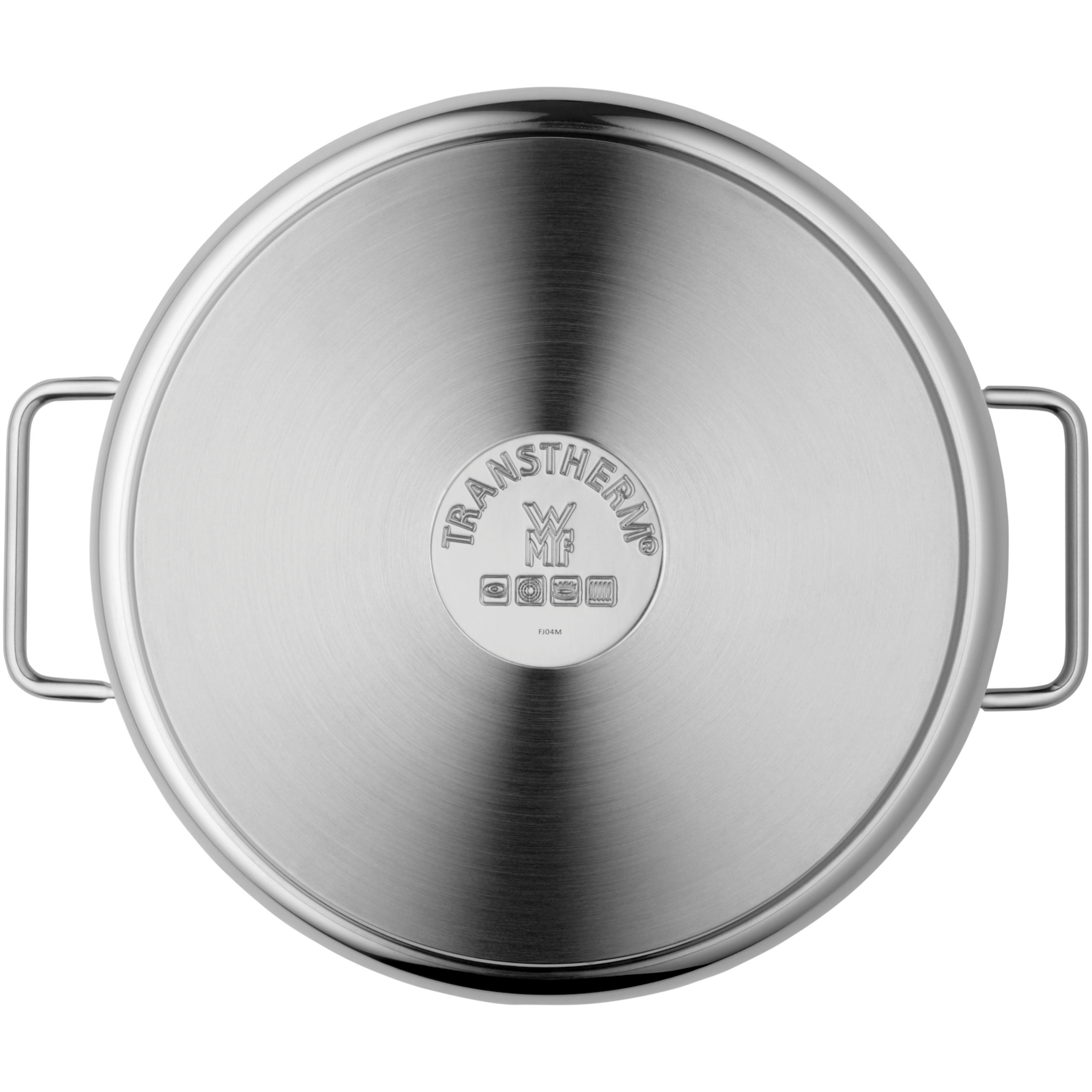 Der Boden eines Edelstahltopfs mit dem TransTherm-Logo und Griffen wird gezeigt.