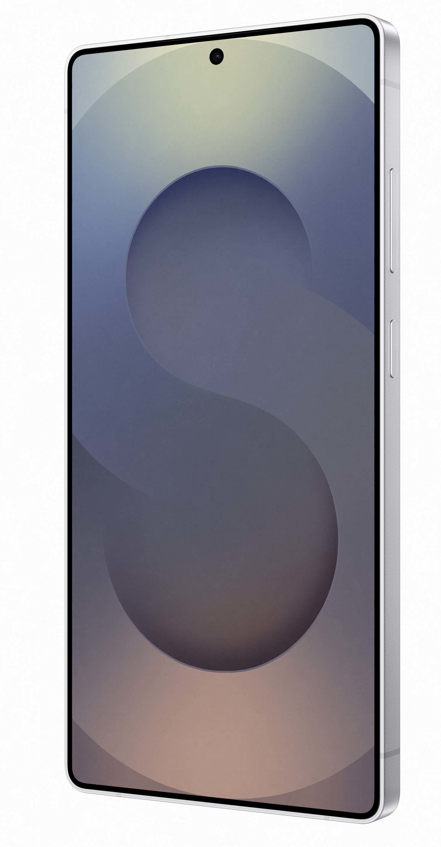 Srebrny smartfon z dużym wyświetlaczem, prezentujący gradientowy design.