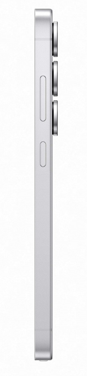Widok z boku srebrnego smartfona z trzema obiektywami i przyciskami głośności.