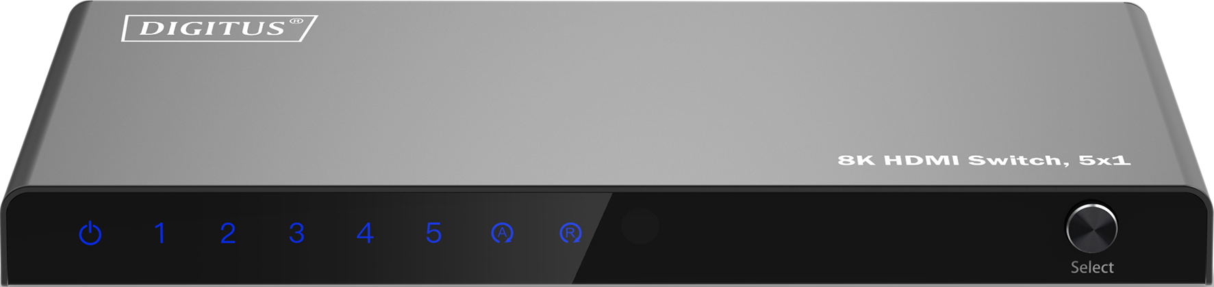 Ein DIGITUS 8K HDMI Switch, 5x1, mit Eingangsauswahltasten.