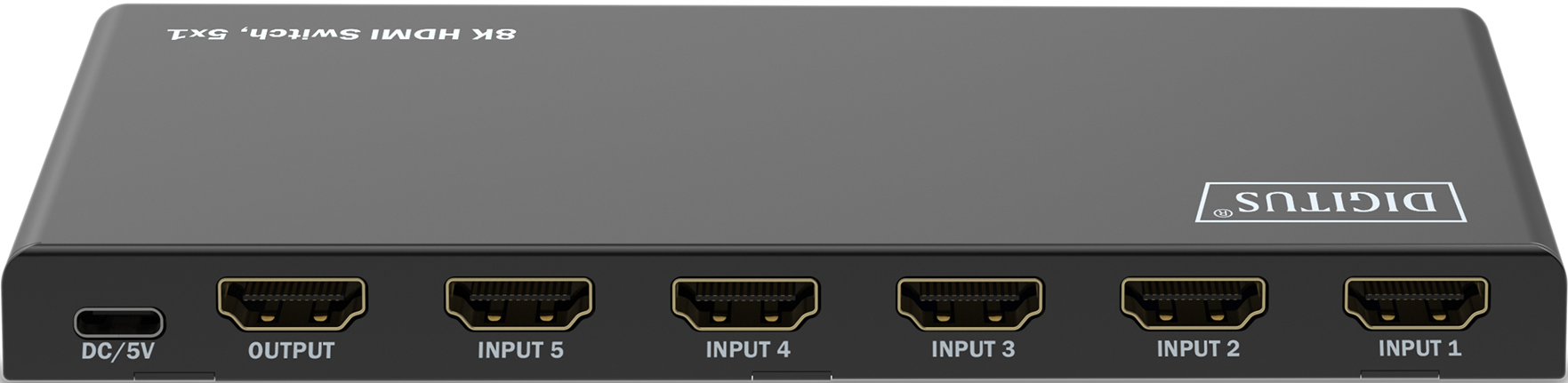Ein 8K HDMI-Switch mit mehreren Eingangs- und Ausgangsanschlüssen, auf weißem Grund.