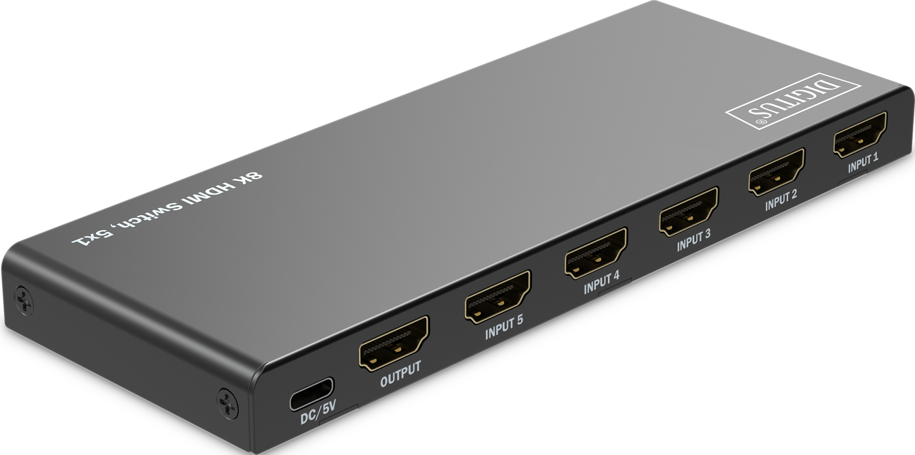 Ein schwarzer 8K HDMI-Switch mit fünf Eingangsanschlüssen und einem Ausgangsanschluss.