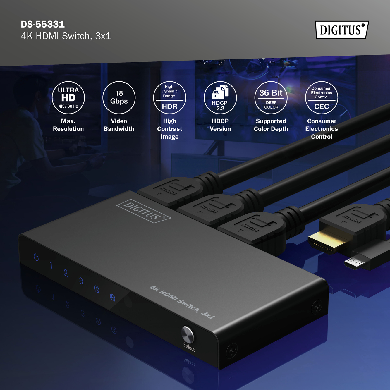 Ein schwarzer 4K-HDMI-Switch mit drei angeschlossenen HDMI-Kabeln.