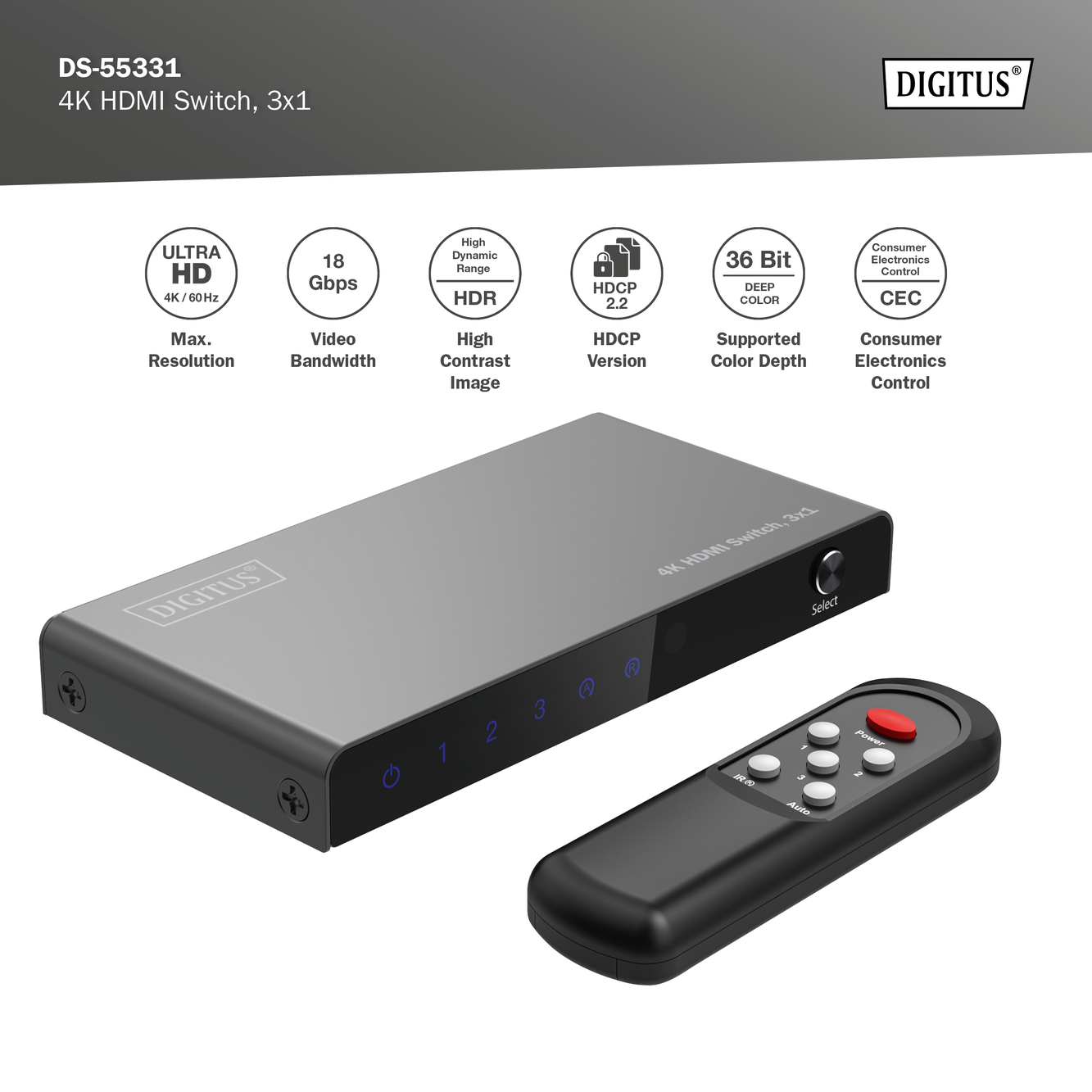 Schwarzer 4K HDMI Switch mit Fernbedienung und technischen Informationen.
