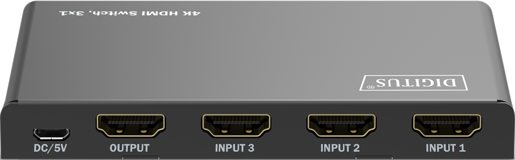 Grauer HDMI-Switch mit mehreren Eingängen und einem Ausgang. Der Markenname 'DIGITUS' ist sichtbar.