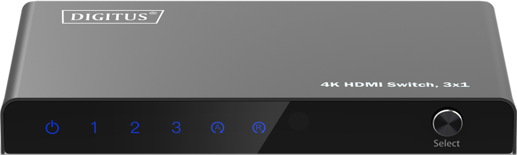 Dunkelgrauer 4K HDMI-Switch mit 4 Tasten. Die Vorderseite hat die Marke DIGITUS.