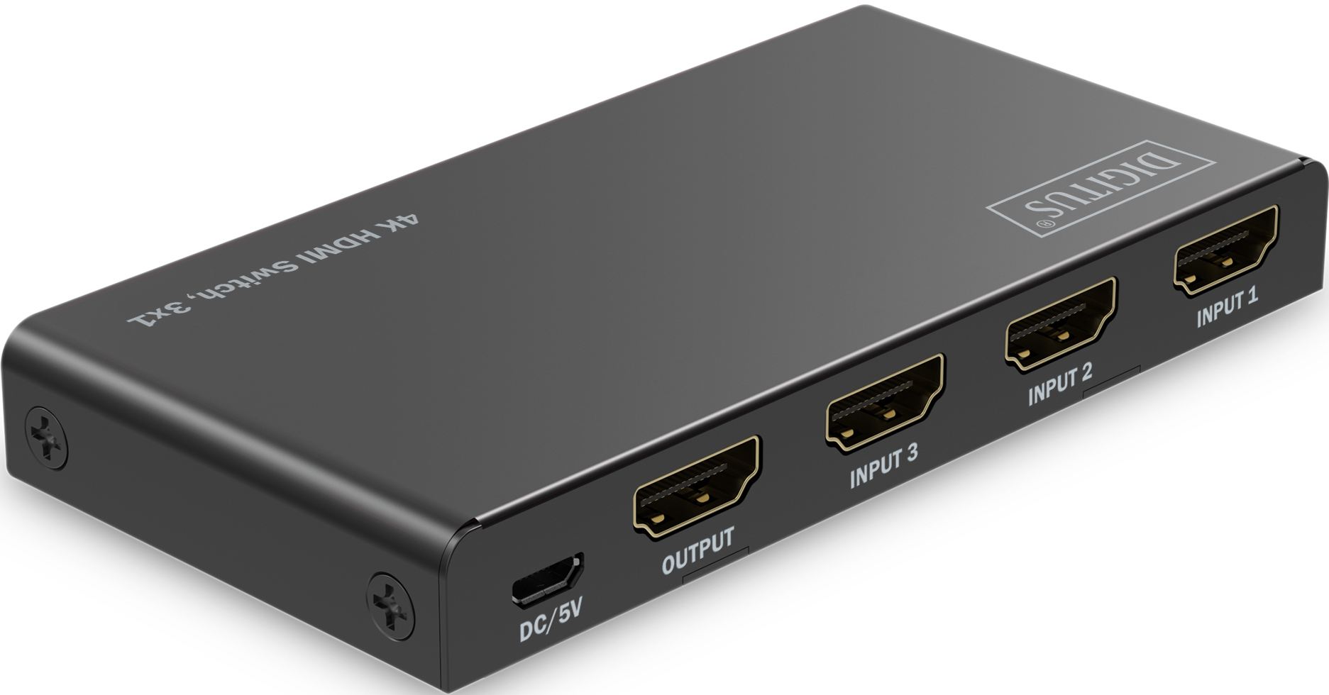 Schwarzer HDMI-Switch mit drei Eingängen und einem Ausgang. Anschlüsse beschriftet. DC/5V-Eingang.
