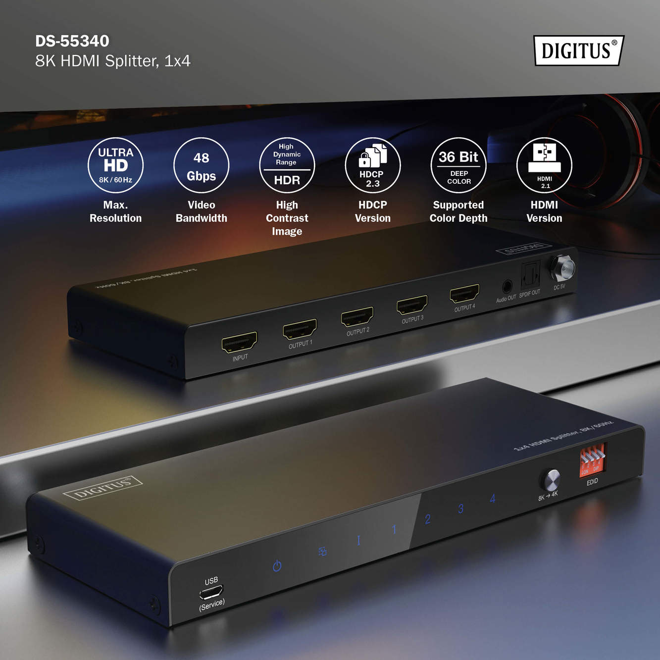Schwarzer 8K-HDMI-Splitter mit Anschlüssen und Symbolen sowie dem Digitus-Logo.
