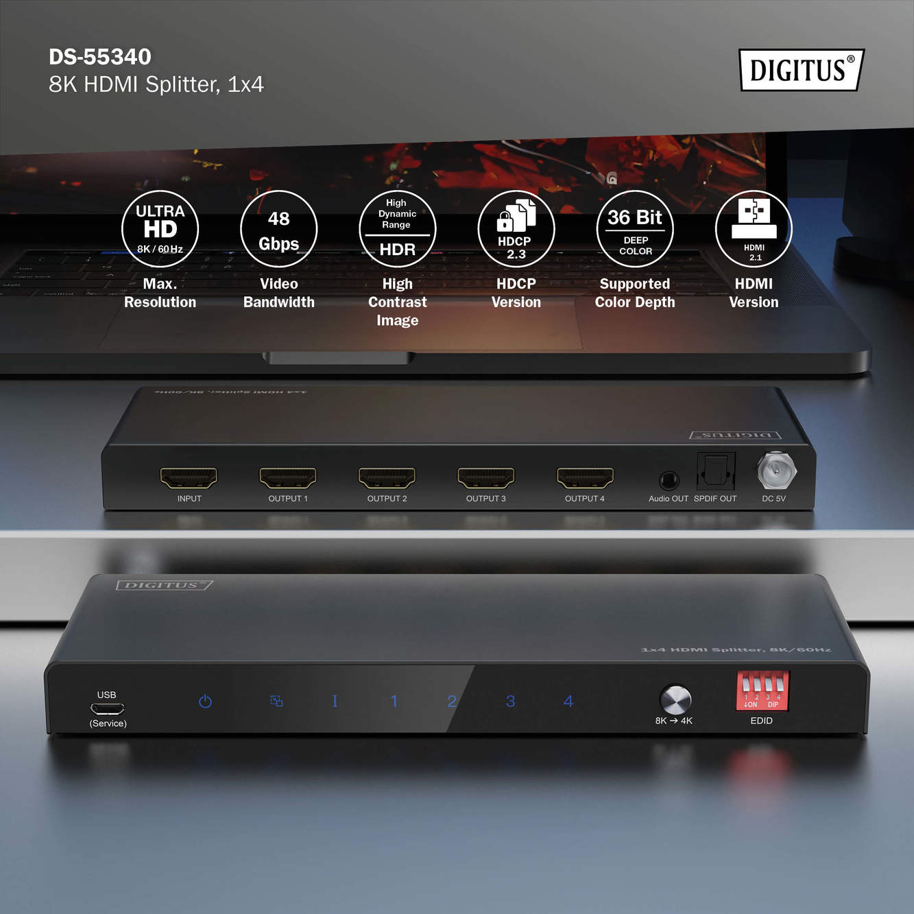 Schwarzer 8K HDMI-Splitter mit Ein- und Ausgängen. Enthält Beschriftungen für Funktionen und unterstützte Auflösungen.