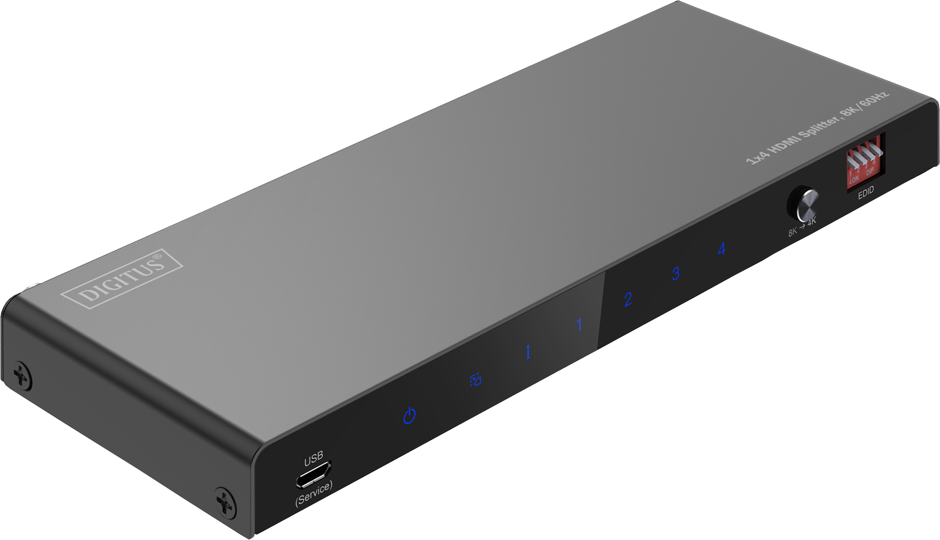 Grauer HDMI-Splitter mit mehreren Anschlüssen und einem USB-Anschluss.