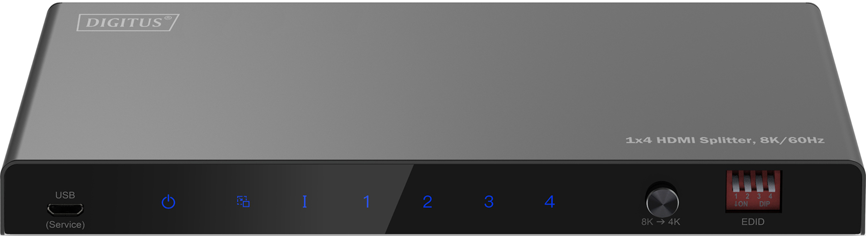 HDMI-Splitter, schwarz, mit Eingang, Ausgang und Steuertasten.