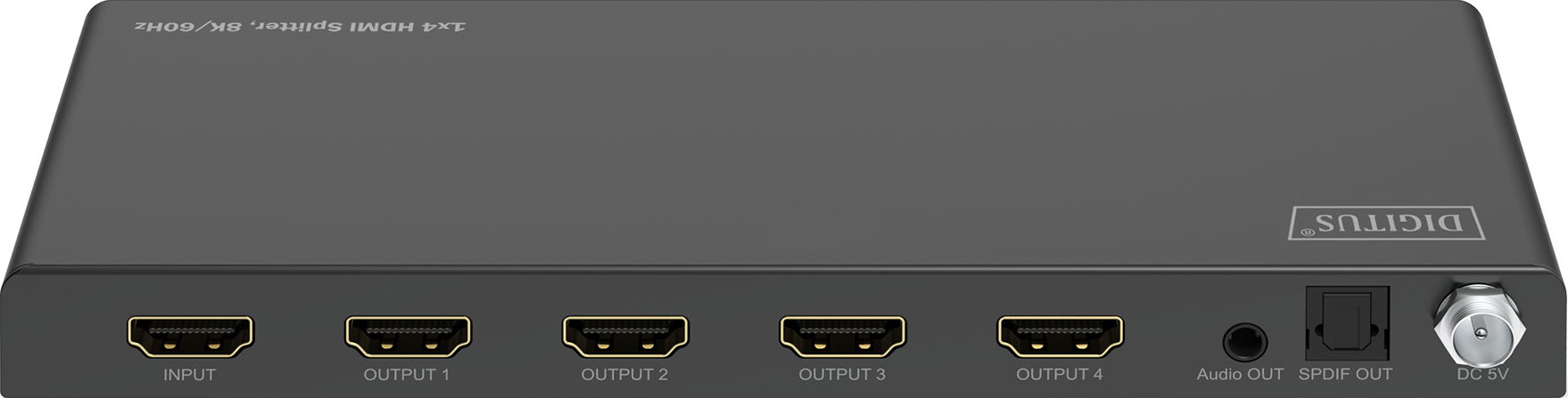 Schwarzer HDMI-Splitter mit 4 Ausgangsanschlüssen. Hat Audio- und Stromanschlüsse. Mit Text beschriftet.