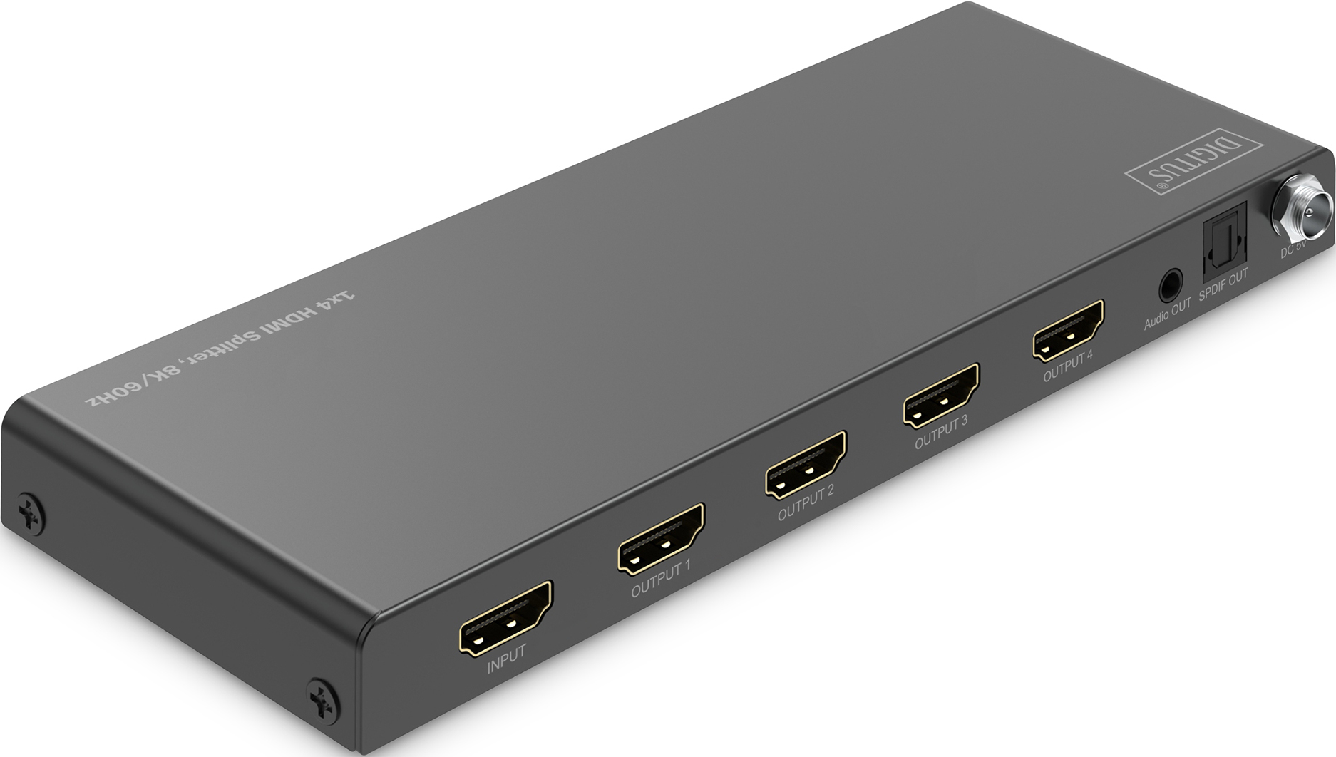 HDMI-Splitter, schwarz, mit Eingangs-, Ausgangsanschlüssen und Stromanschluss.