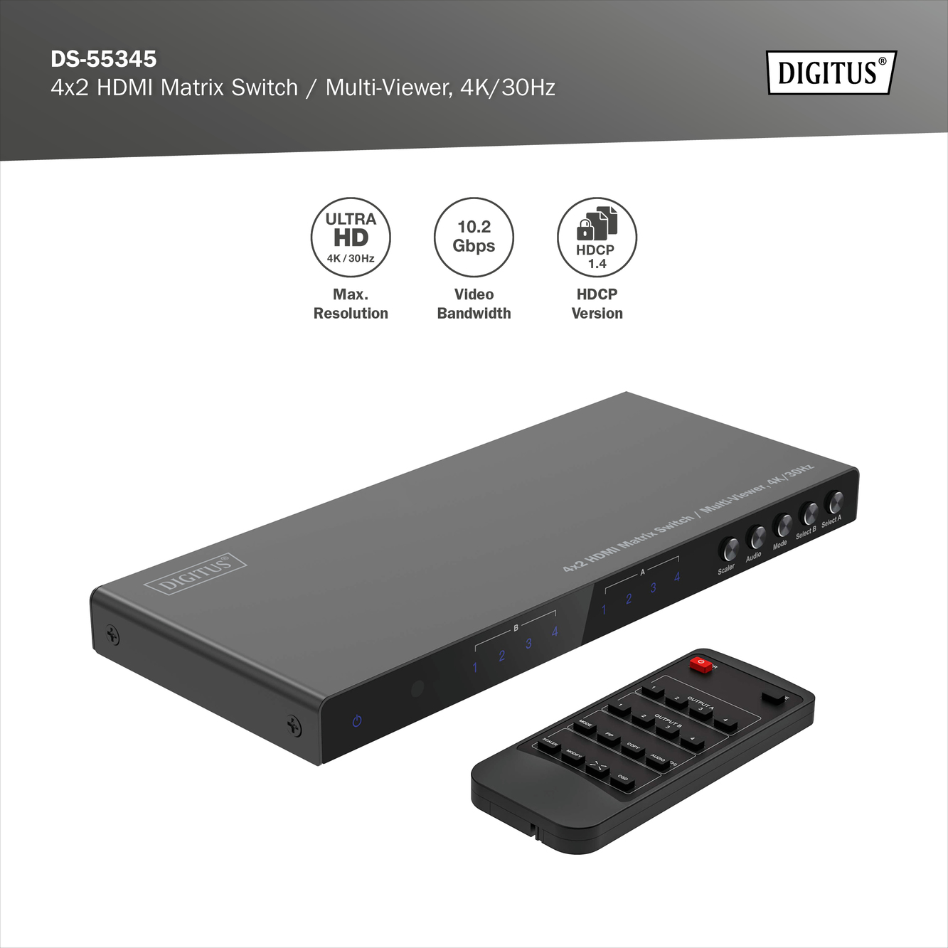 HDMI-Matrix-Switch mit Fernbedienung, schwarz, weißer Hintergrund.