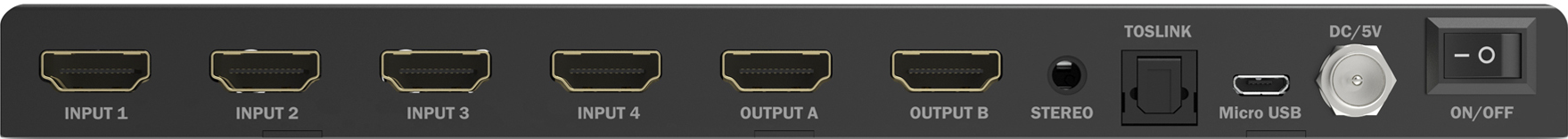 Schwarzer HDMI-Splitter mit mehreren Anschlüssen, TOSLINK, USB und Ein/Aus-Schalter.