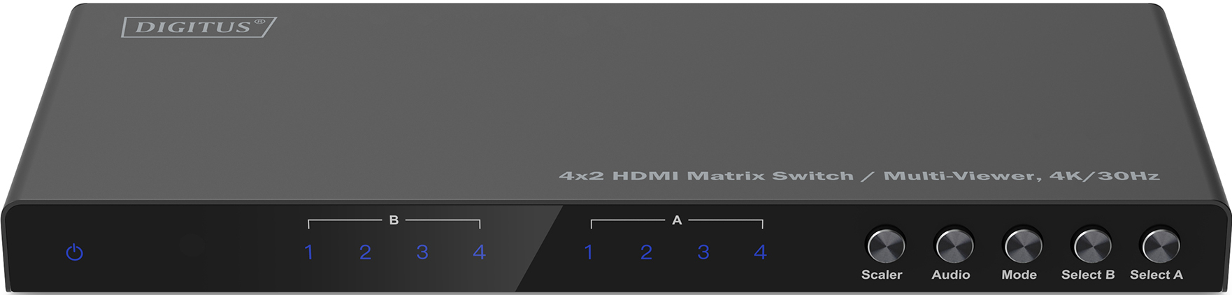 HDMI-Matrix-Switch/Multi-Viewer, schwarz, mit Eingangs-/Ausgangsauswahltasten.